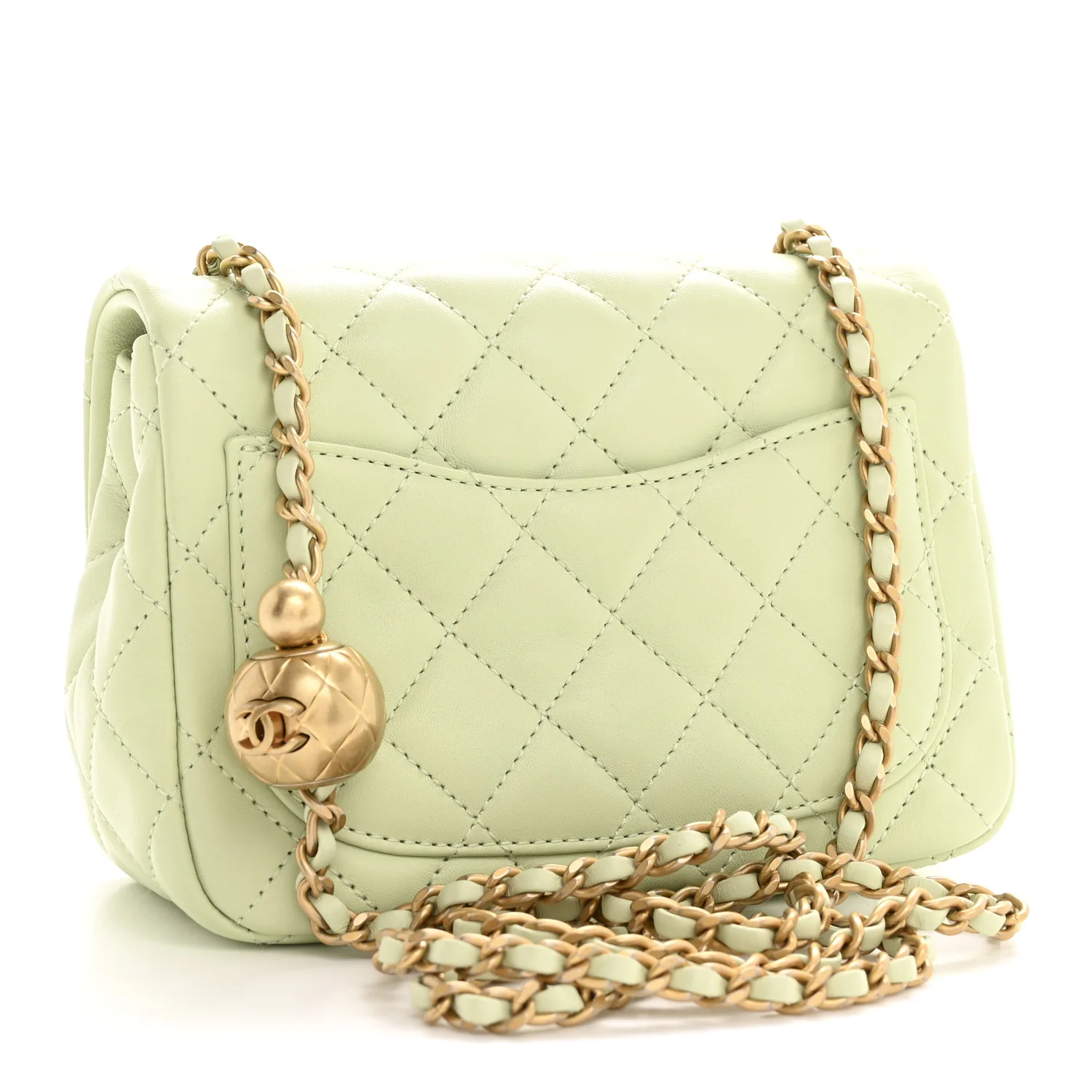 Lambskin Quilted Mini Pearl Crush Flap Light Green