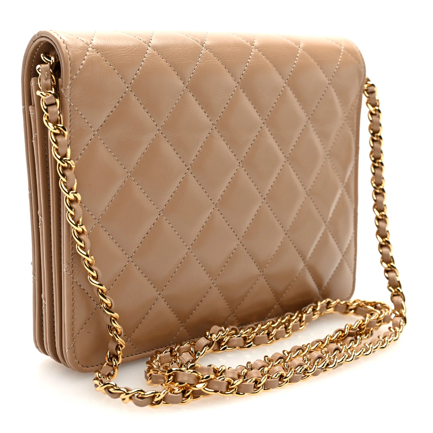 Shiny Aged Calfskin Quilted Clutch With Chain Dark Beige