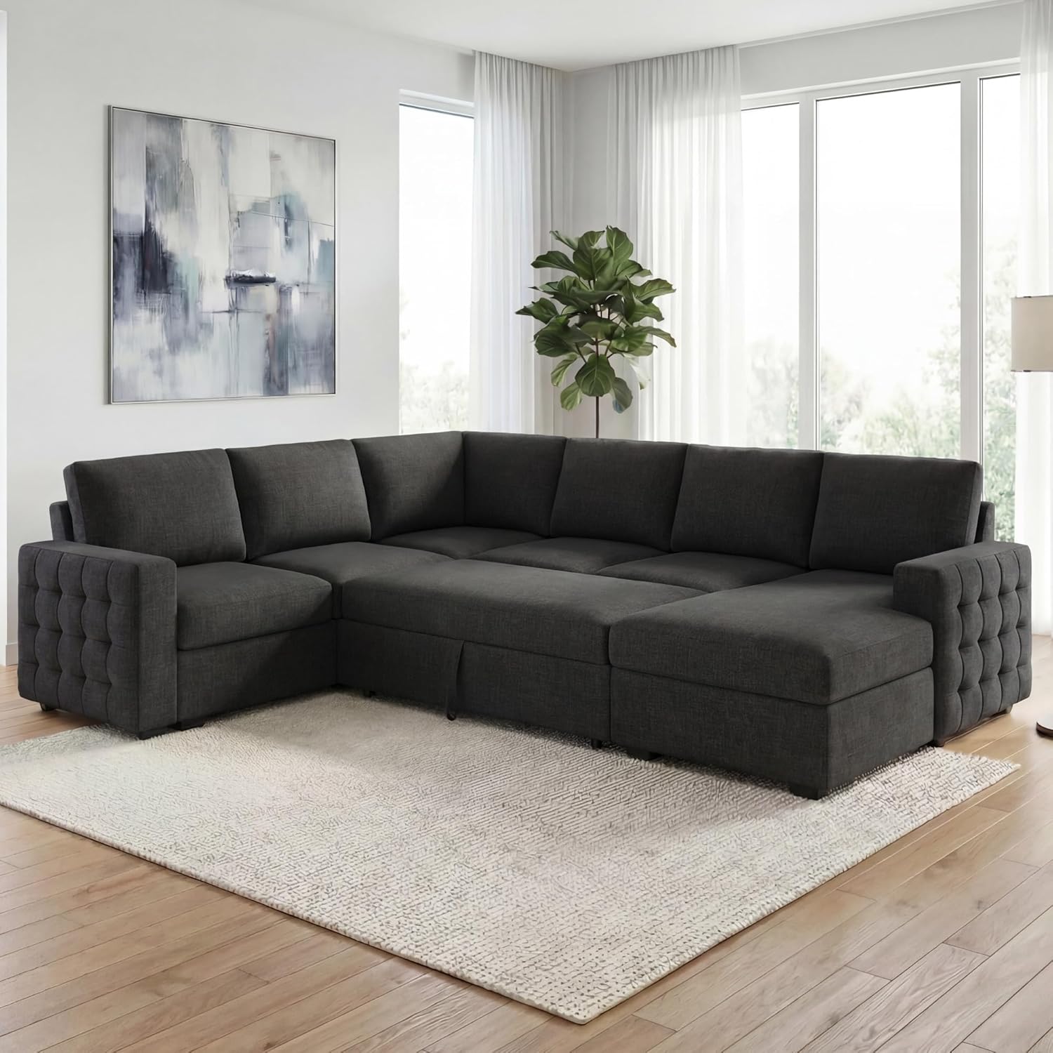 HONBAY Sectional Sleeper Sofa with Pull-Out Bed Storage Chaise, 6 Seater Couch for Living Room, Dark Grey