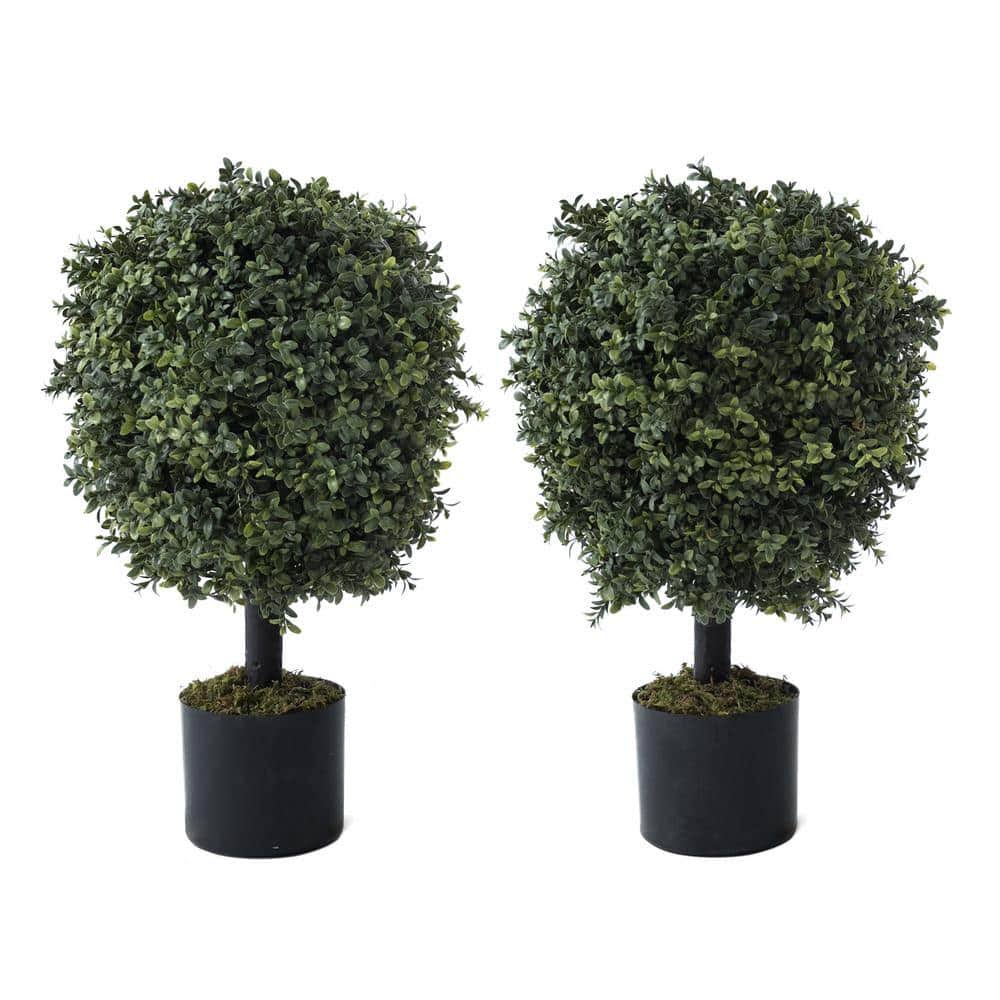 CAPHAUS Artificial Boxwood Topiary Ball Tree Set of 2, Artificial UV Resistant Bushes, Faux Potted Tree, Plant in Pot with Dried Moss, Fake Shrubs for