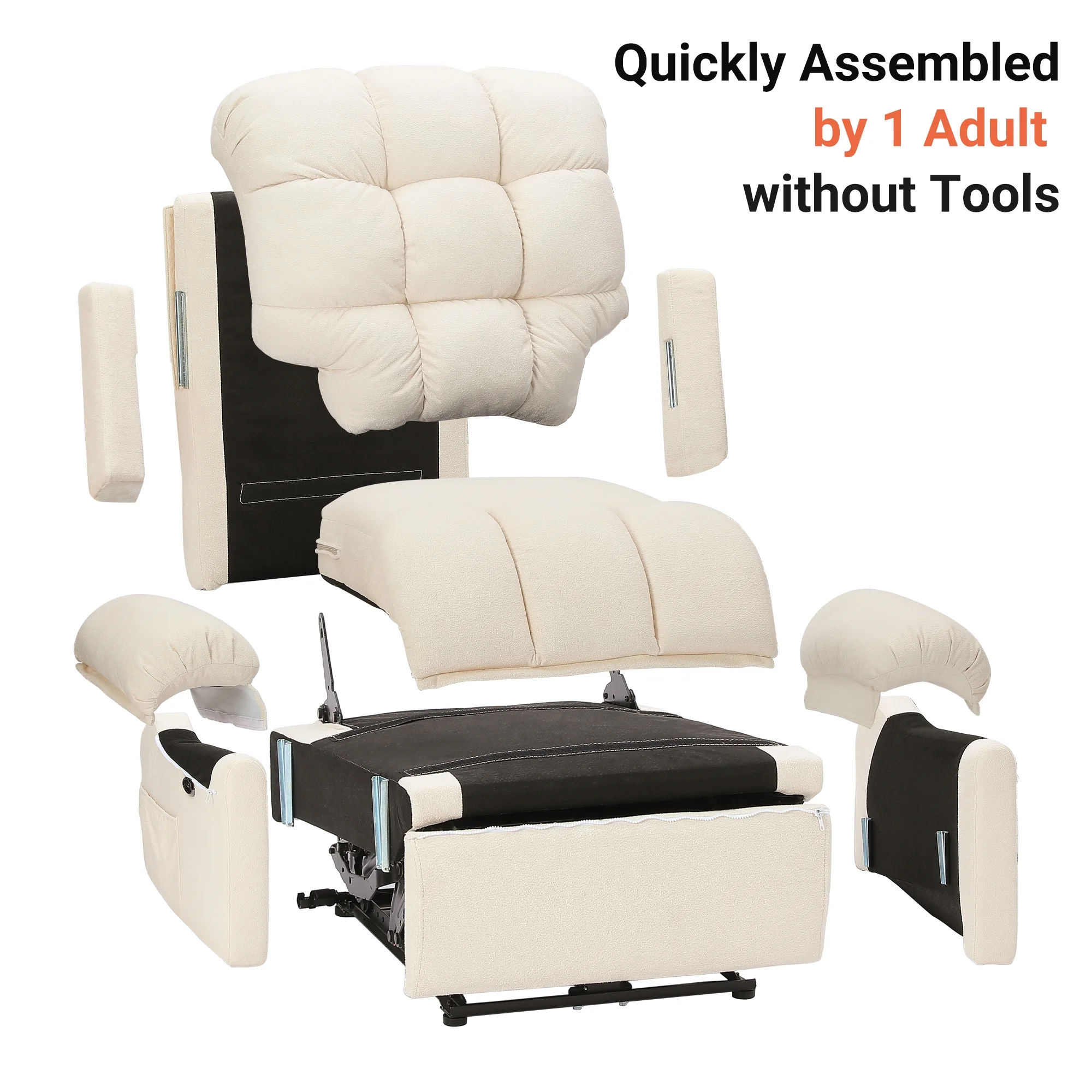 Power Recliner Chair,Electric Recline Sofa Chair for Adults with USB Port,Comfy Teddy Fleece Adjustable Cloud Sofa,Tool-Free Setup,Beige White(Off White) - Image 8