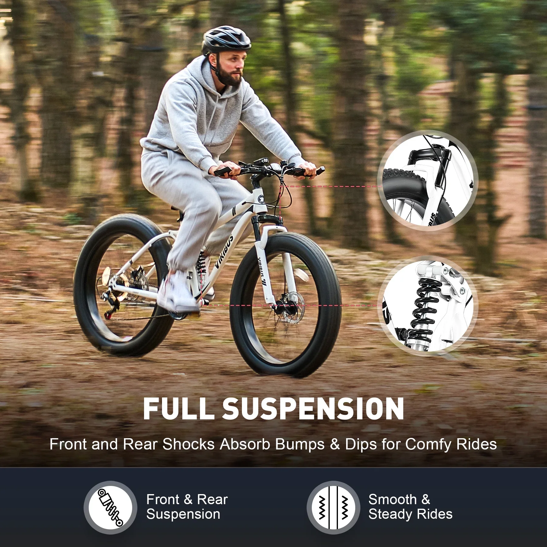 VIRIBUS 26 Fat Tire Mountain Bike Full Suspension Bike with 21 Speeds Disc Brakes White