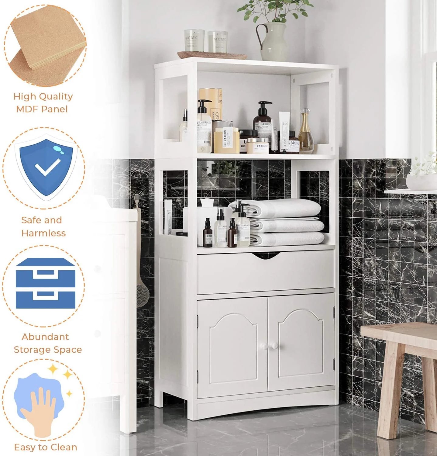 Sideboard Storage Cabinet with DrawerShelves, Kitchen Pantry Storage Cabinet with Microwave SpaceCupboard, Modern Freestanding Floor Bathroom Cabinet/Bookshelf for Home Office, White(WhiteDrawer) - Image 4