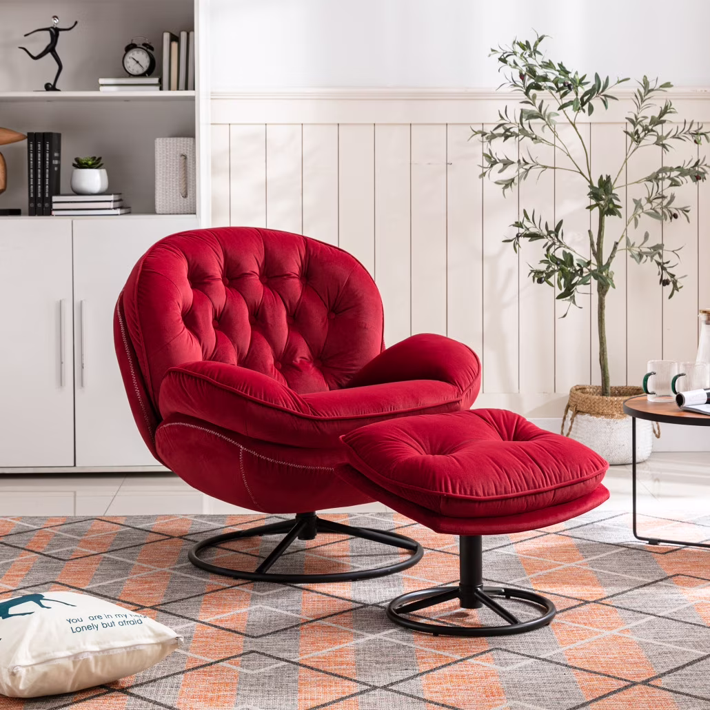 Swivel Accent Chair with Ottoman, Velvet Single Sofa Reading Chair with Metal Frame, Modern Tufted Armchair Comfy Lounge Chairs with Footrest for Living Room, Bedroom, Office, Red(Red)