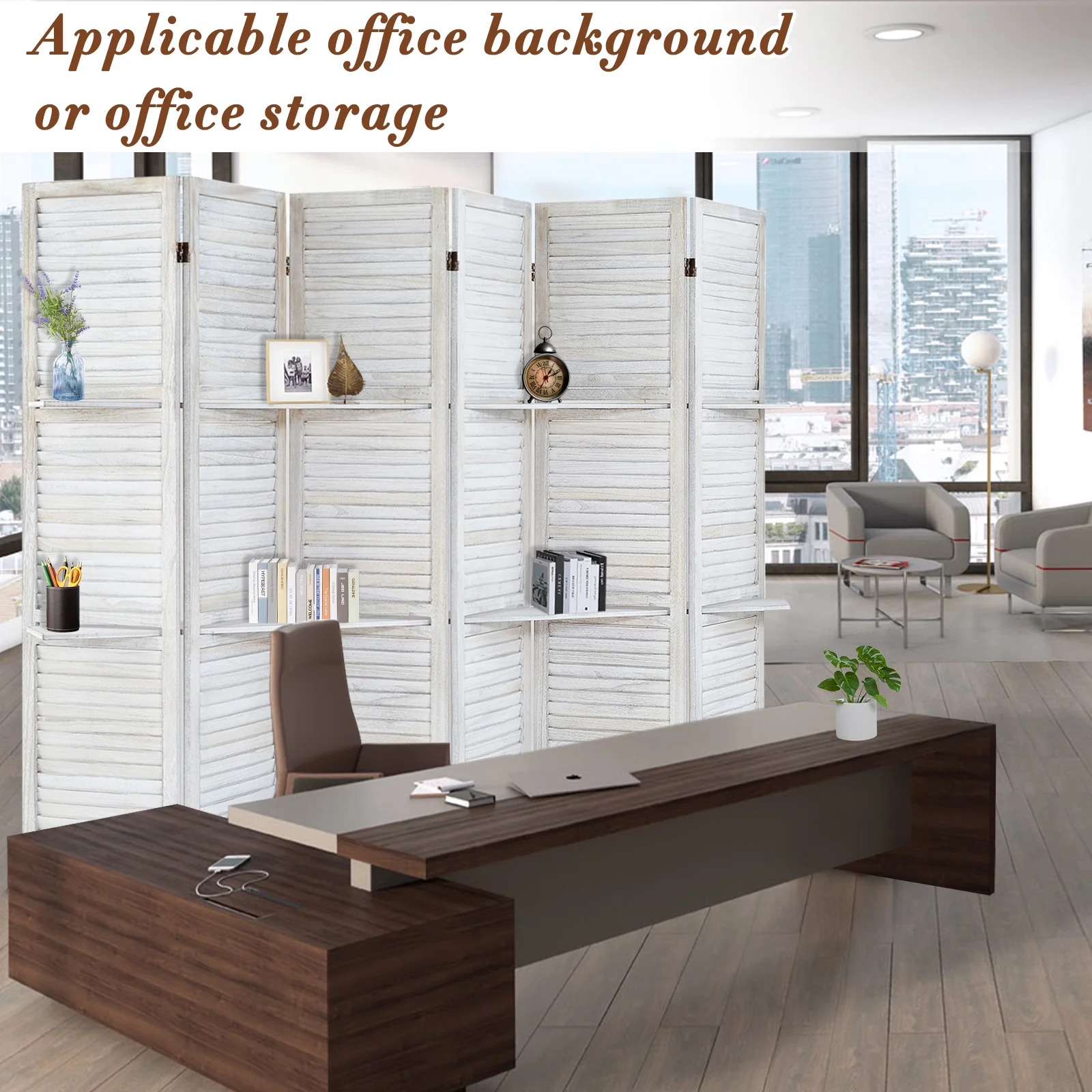 6-Panel Room Divider with Shelves5.6ft Tall Folding Privacy Screen Panels, Room Divider Wall, Divider for Room Separation, Room Divider ShelvesEffectively Block SightNatural(White/6) - Image 6
