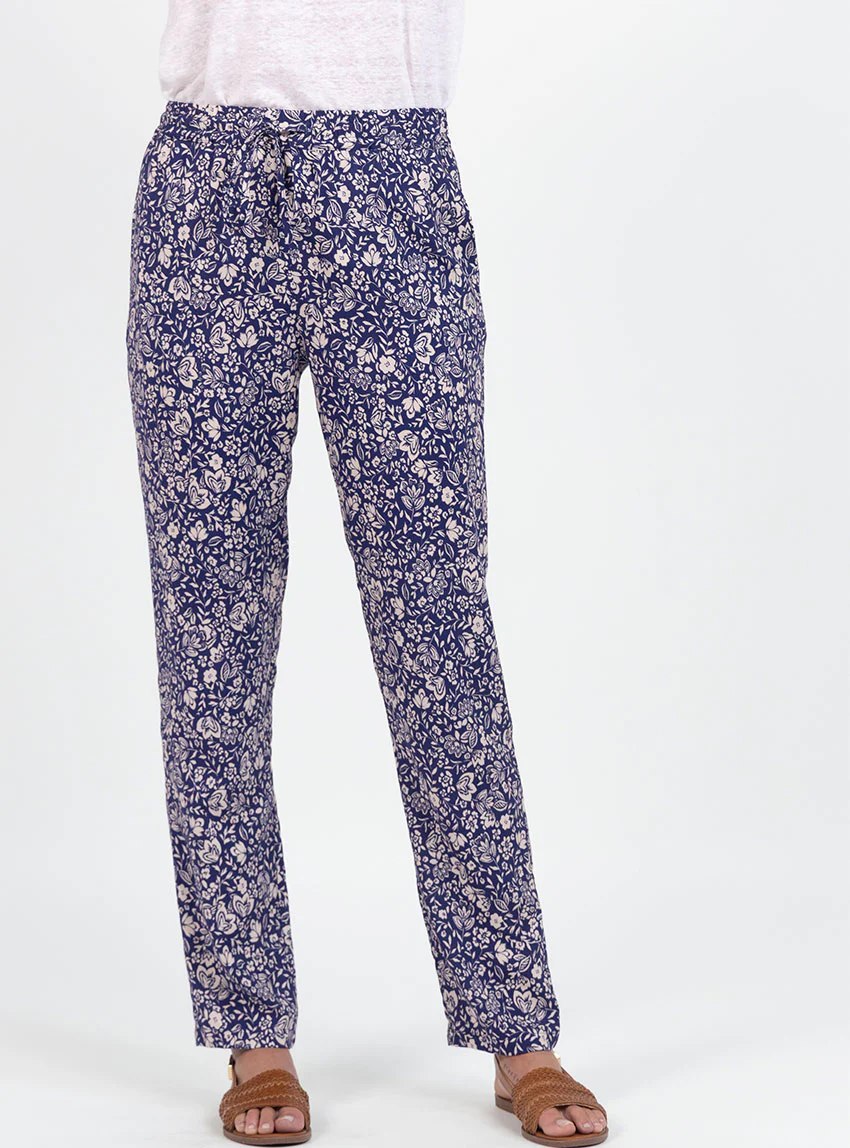 Pantalon femme en viscose imprimé bouquet bleu