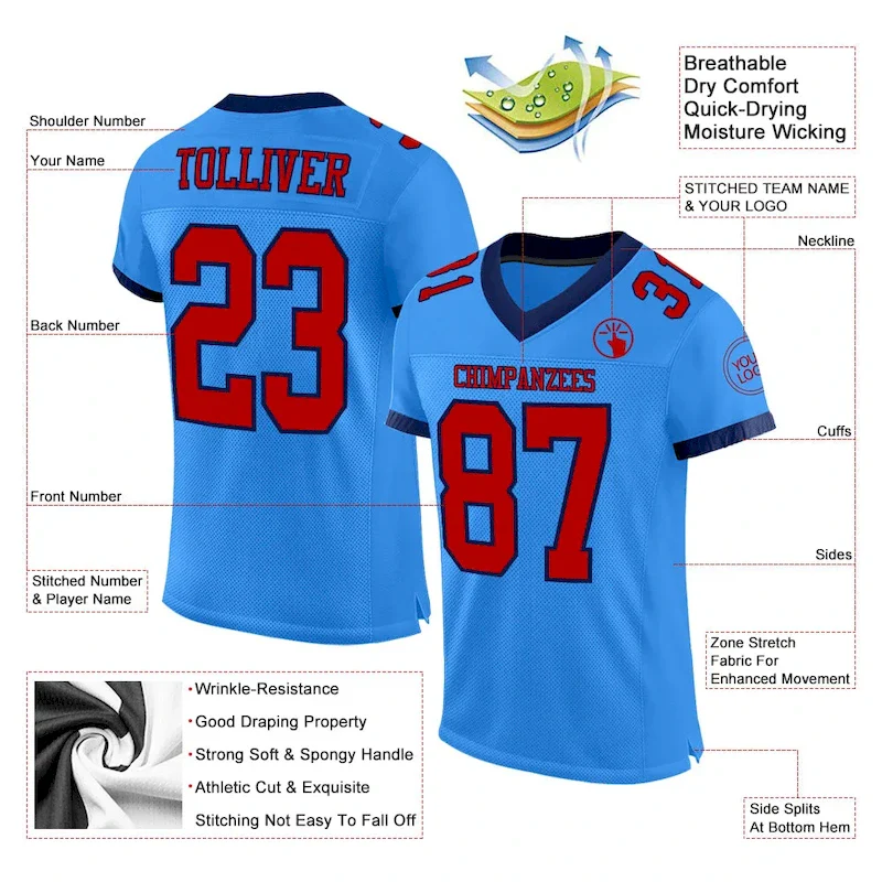 Custom Powder Blue Red-Navy Mesh Authentic rugby jersey