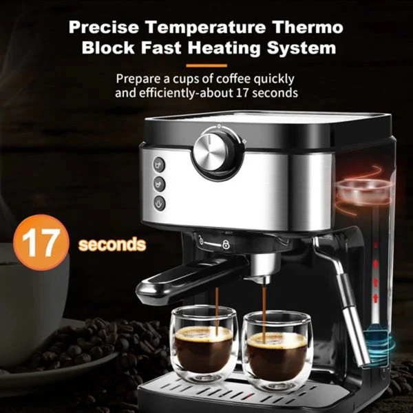 Steam Espresso Machine. Latte and Cappuccino Maker with Milk Frother. 20 Bar Italian Pump. Automatic Setting of Coffee Volume. 900ml Water Tank. Black Stainless. 1700W