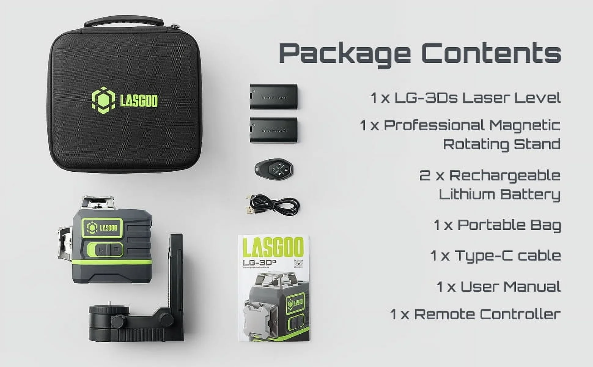Laser Level 3x360�� LASGOO with Remote Control, 2 Rechargeable Batteries, 100FT Range, 360�� Magnetic Rotating Stand, IP54, 3Ds