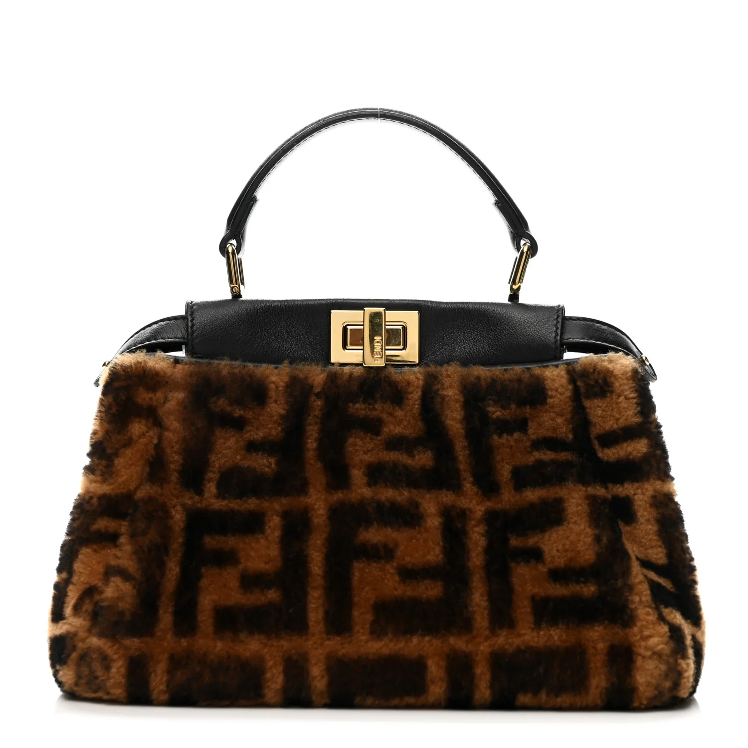 Shearling Nappa Macro FF 1974 Mini Peekaboo Iconic Satchel Tobacco Black