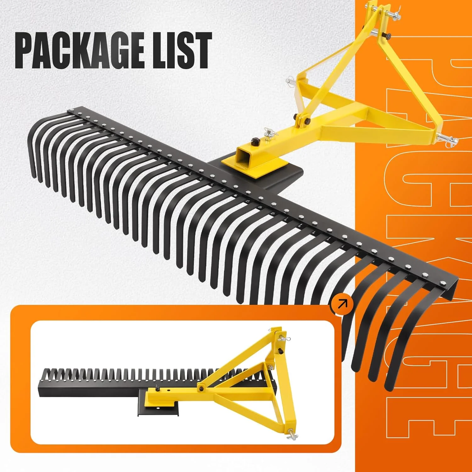 60In Landscape Rake 3 Point Rake 360 Degree Rotation Compatible with Category 1 Cat1 Compact Tractors Tow-Behind Garden Tool for Garden Farm Clearing Brush Raking Arenas 2 Package Yellow - Image 6