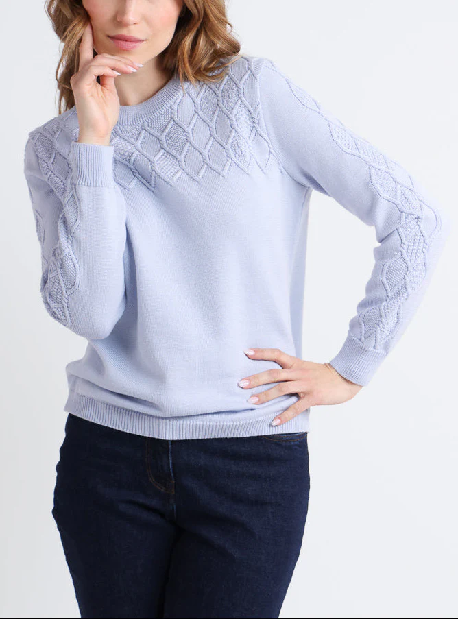 Pull femme laine mérinos torsades bleu