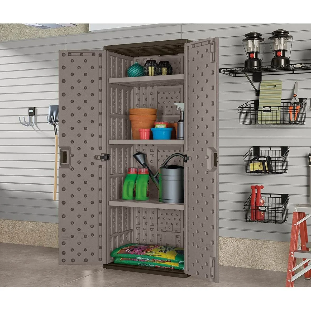 Suncast 3 - Shelf Resin Base Garage Cabinet Locker, Gray