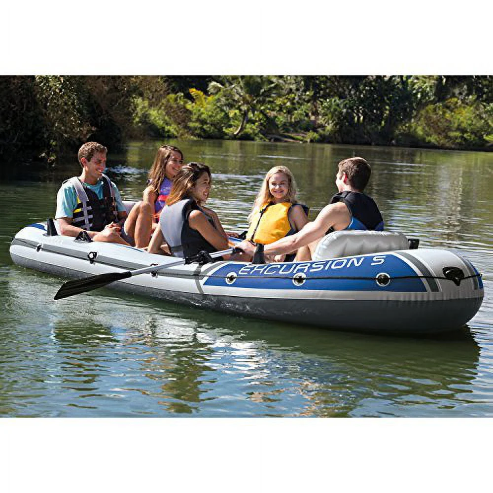 Intex 68325EP Excursion Inflatable 5 Person Heavy Duty Fishing Boat Raft Set with 2 Aluminum Oars High Output Air Pump for Lakes Mild Rivers, Gray Image 3