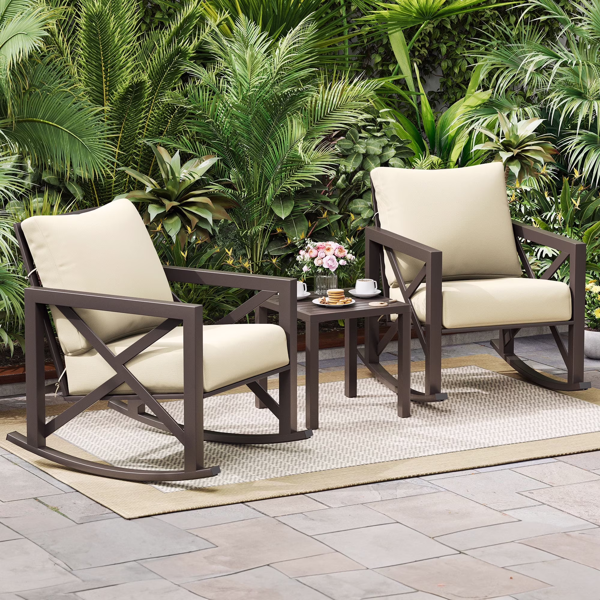 Rocking Chair Bistro Set,3 Piece Outdoor Patio Furniture Set with 2 Rockers and 1 Metal Coffee Table with Thick Cushions for Porch,Backyard,Poolside,Beige(Beige)