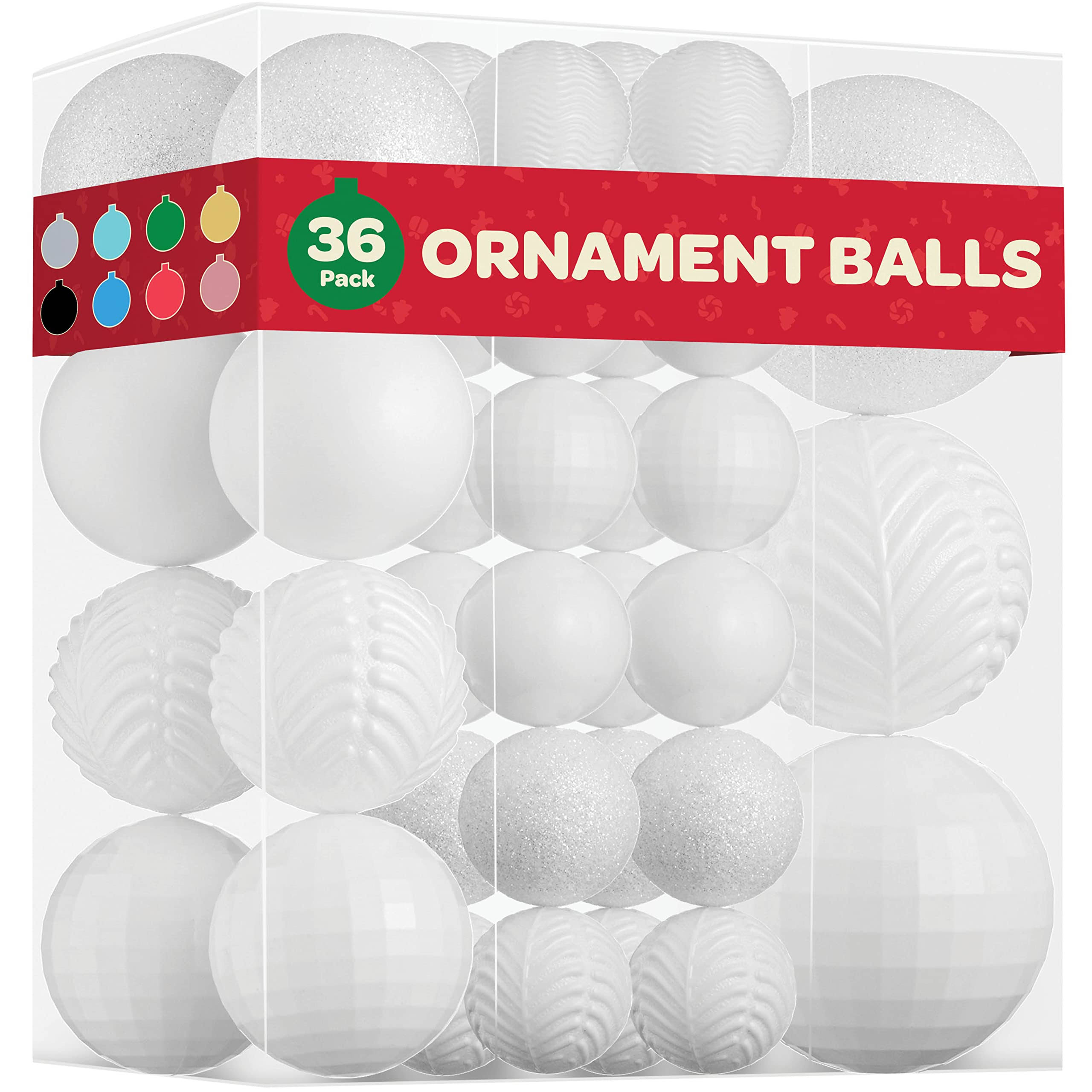 Christmas Ornaments Set of 36 - Beautiful [White] Christmas Tree Decorations Ornaments Set - 6 Style Christmas Ball Ornaments - Shatterproof