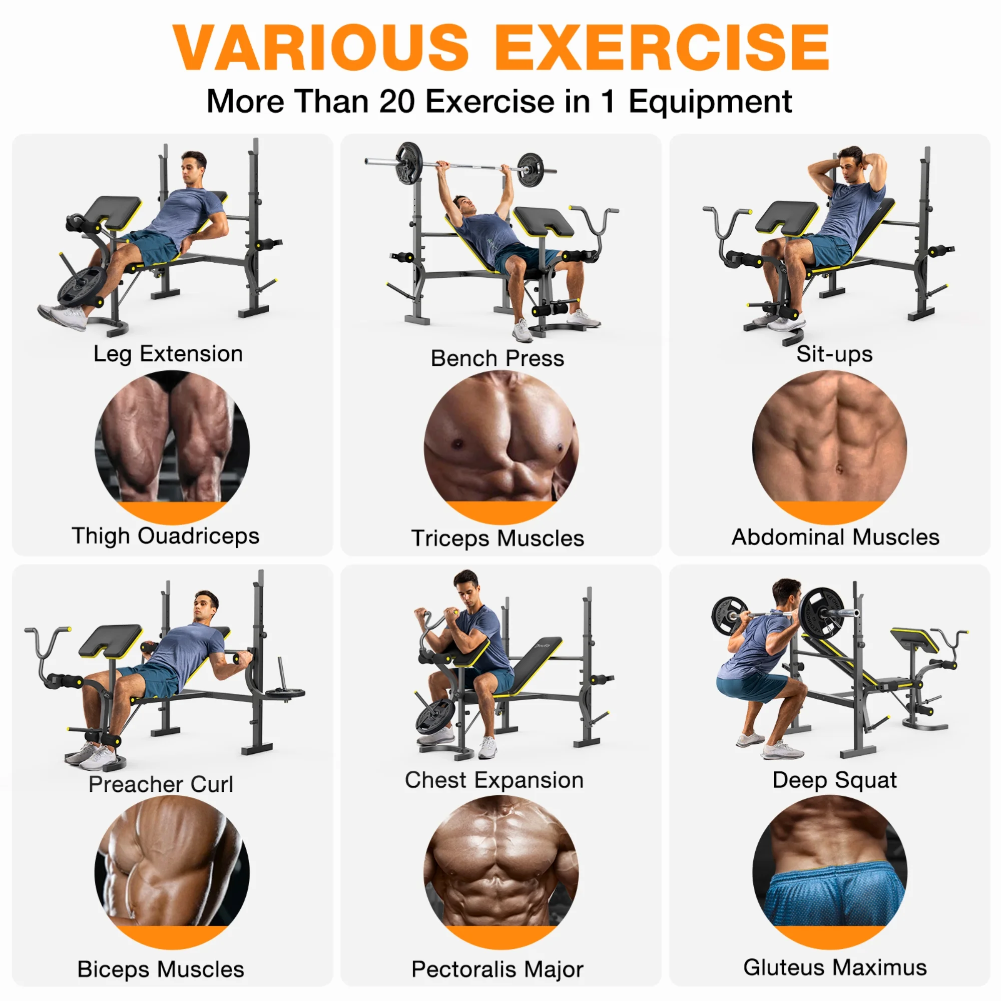 Weight Bench, 1100lbs 6 In 1 Workout Bench Press with Squat Rack Leg Developer Preacher Curl Butterfly Arms,Gym Exercise Equipment for Full Body Home Gym Image 2