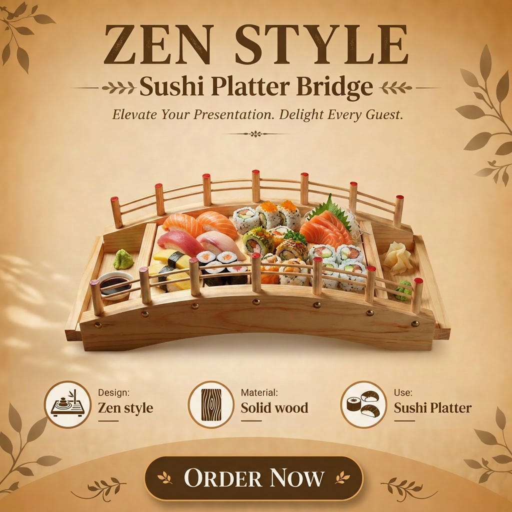 Eco-Friendly Solid Wood Sushi Bridge Serving Platter Removable Deck Large Capacity Japanese Sashimi Tray Restaurant