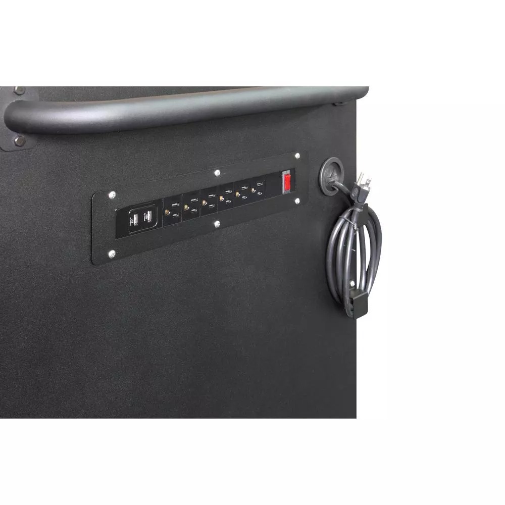 Établi mobile robuste de 155 cm de large, avec 10 tiroirs et 1 porte, coffre à outils profond, finition noir mat, plateau en bois dur, panneau perforé et étagère.
