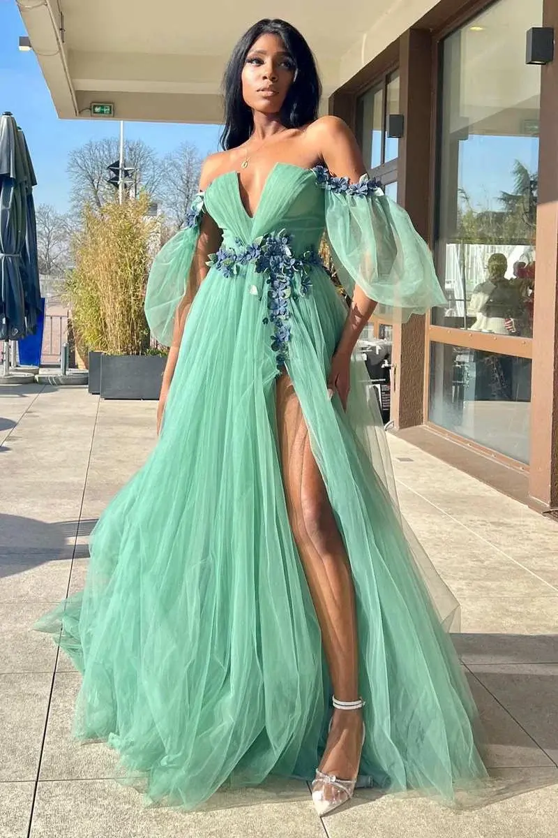 A-Line Off-the-Shoulder Green Tulle 3D Floral Lace Long Prom Dress DMP275