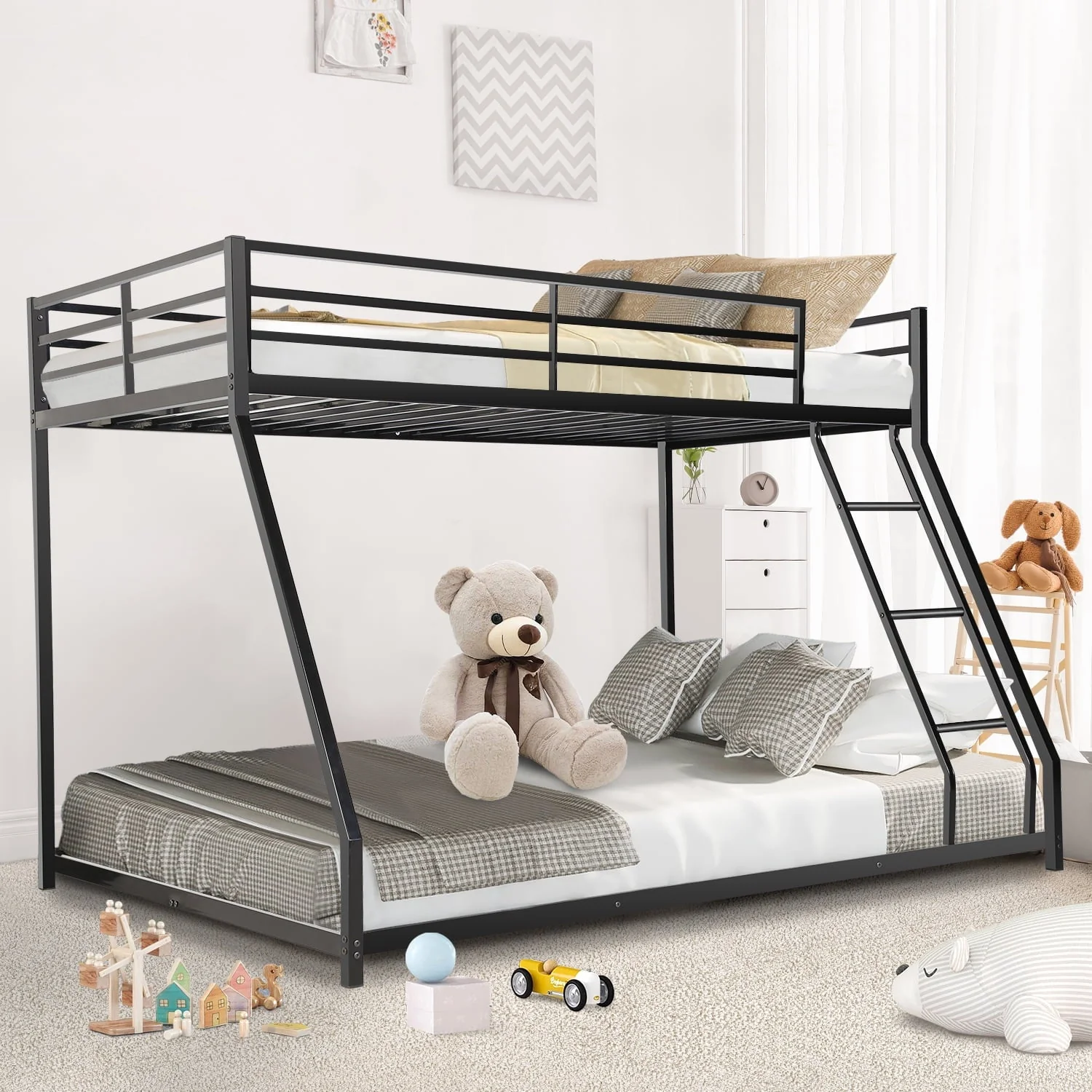 Twin Over Full Bunk Bed, Metal Bunk Bed Frame, Noise Free Floor Bunk Beds with Guardrails & Ladder for Kids Teens Adults, No Box Spring Needed, Black