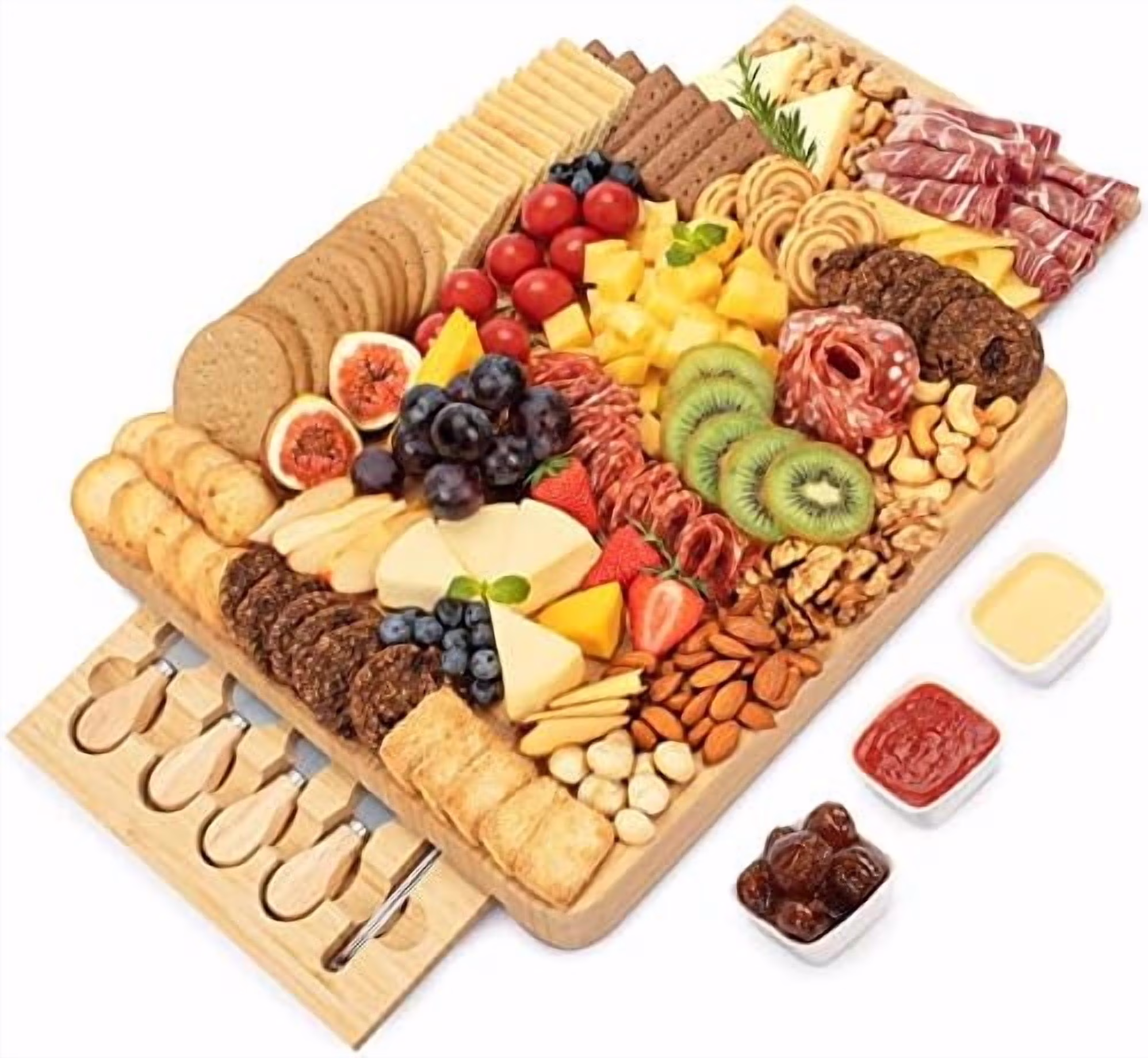 Charcuterie Board Set Cheese Board with 2 Drawers, Bamboo Cheese Tray Serving Board Unique Mothers Day Gifts, Wedding, Housewarming, Birthday Gifts
