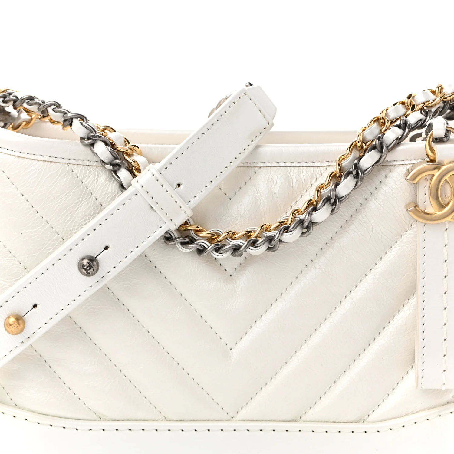 Iridescent Aged Calfskin Chevron Quilted Small Gabrielle Hobo White