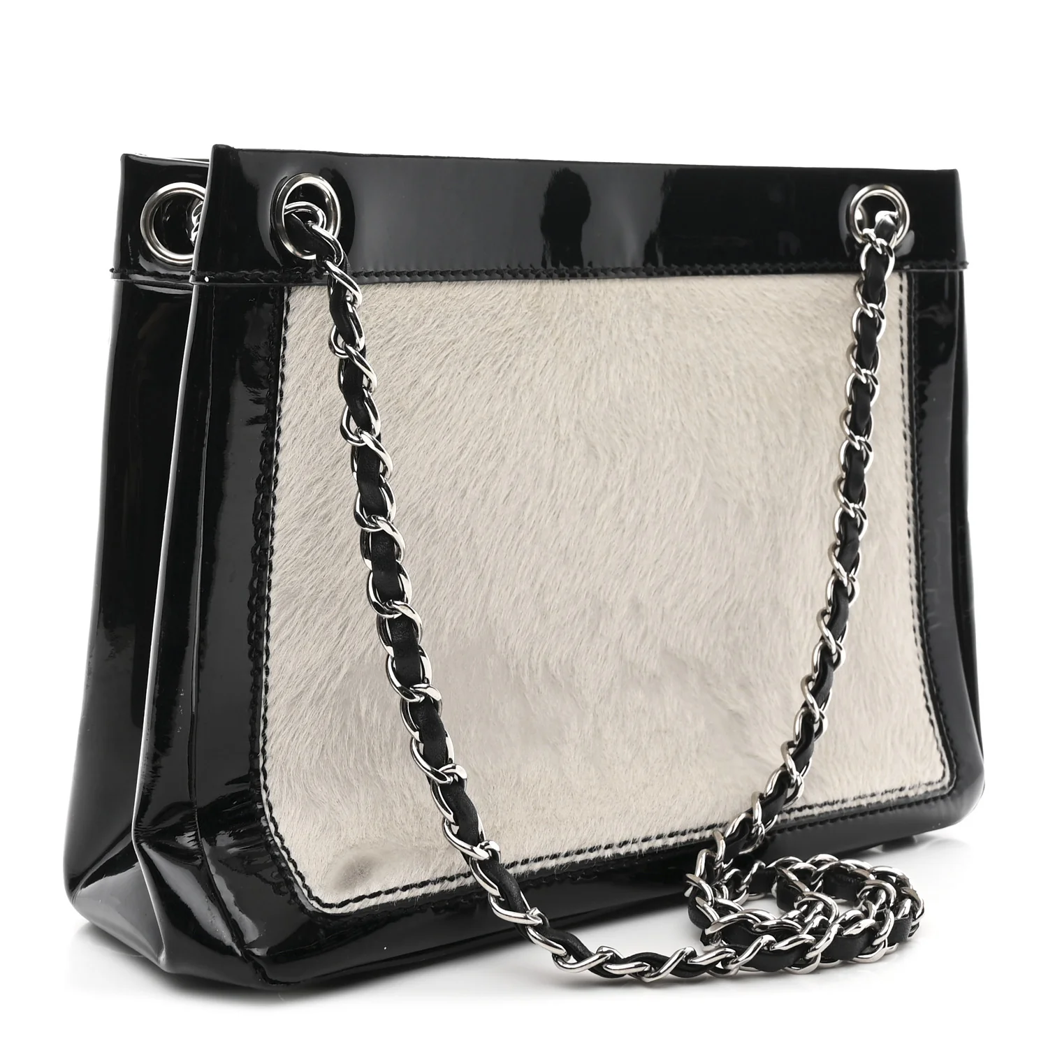Patent Pony Hair Small Pocket Tote Black White