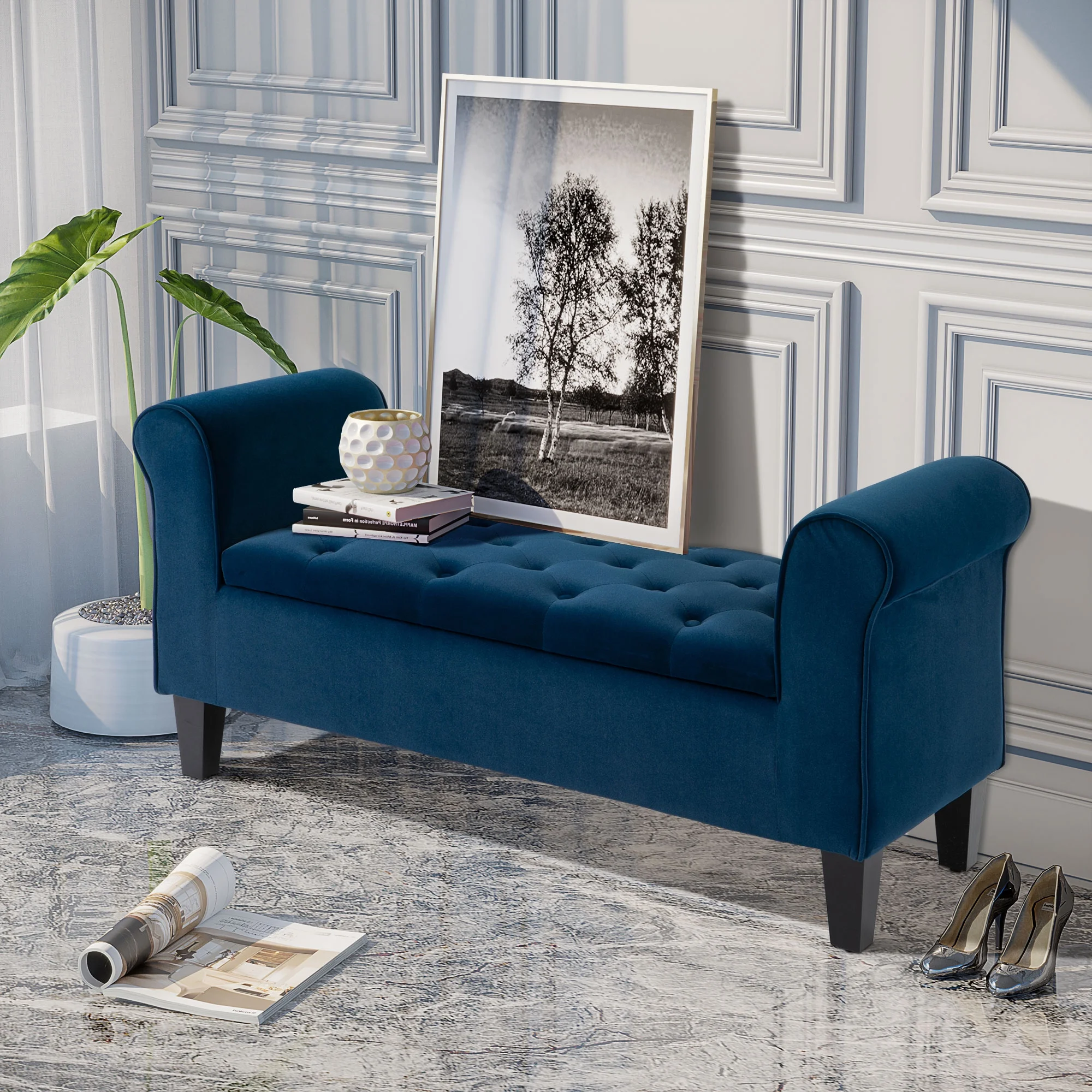 HOMCOM Button-Tufted Storage Ottoman Bench, Upholstered Bench with Rolled Armrests for Living Room or Hallway, Blue(Blue)