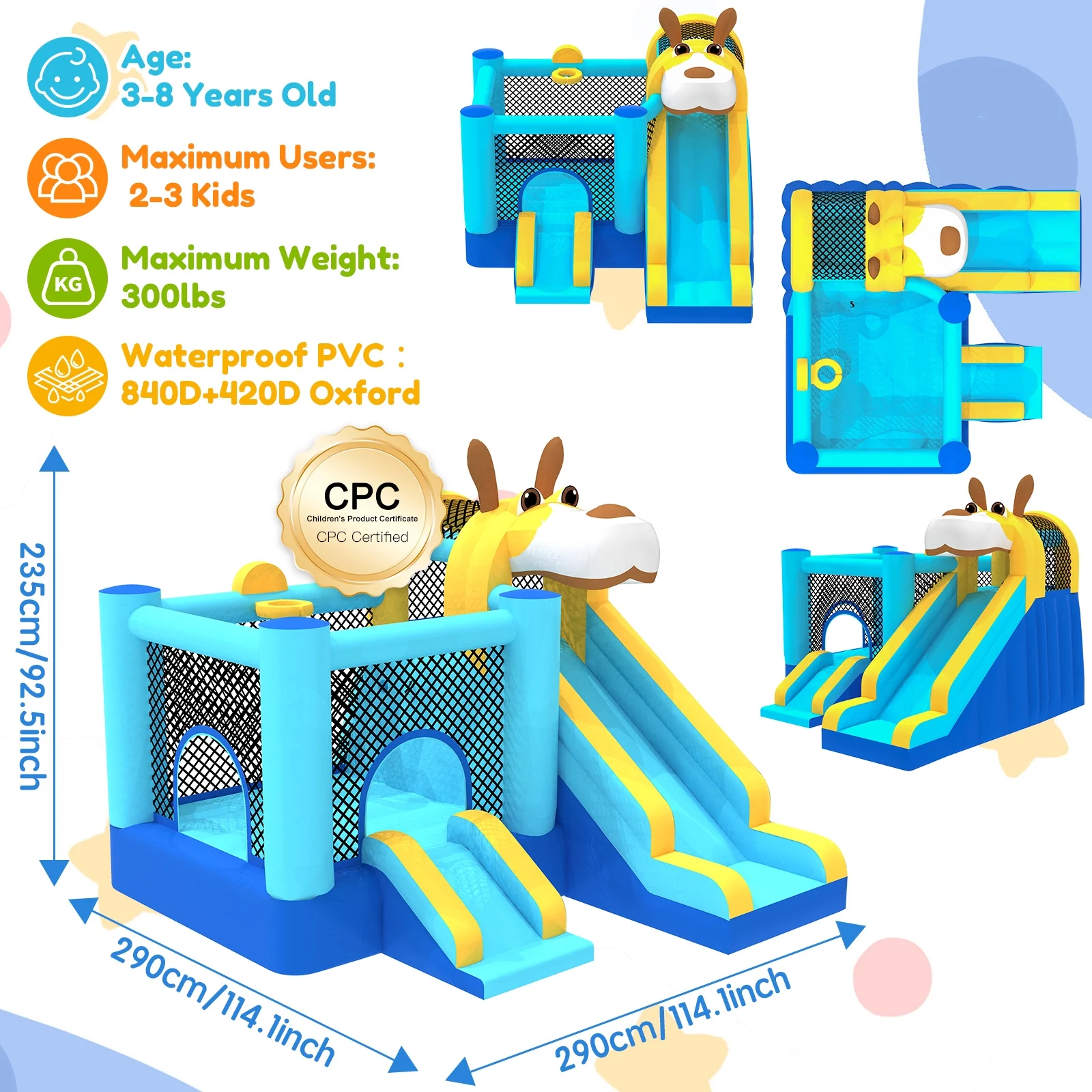 114''x 114'' x 92 5'' Inflatable Bounce Houses for Kids 3 10 with Blower Double Slide and Ball Pit/Indoor Bouncy House, PVC, Child, Teen, Toddler��Blue(Blue) Image 4