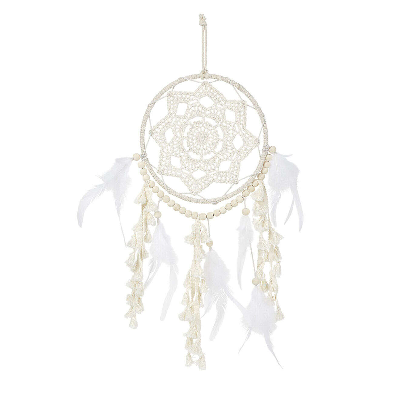 Attrape rêves macramé perle plume beige et blanc
