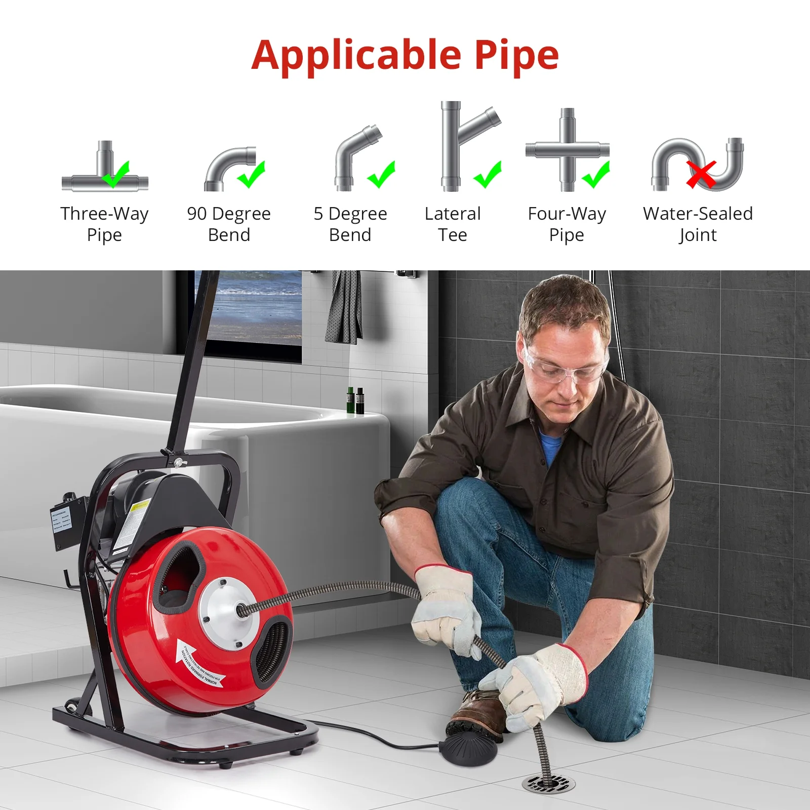 Electric Drain Cleaner Machine, Drain Auger 50Ft X 1/2 Inch for Sewer Clean, Electric Drain Snake for 1 to 4 Inch Pipes, Drain Sewer Auger with Foot Switch, Protective Gloves, 4 Cutter Blades(50FT x 1/2 Inch-K300/Red) - Image 6
