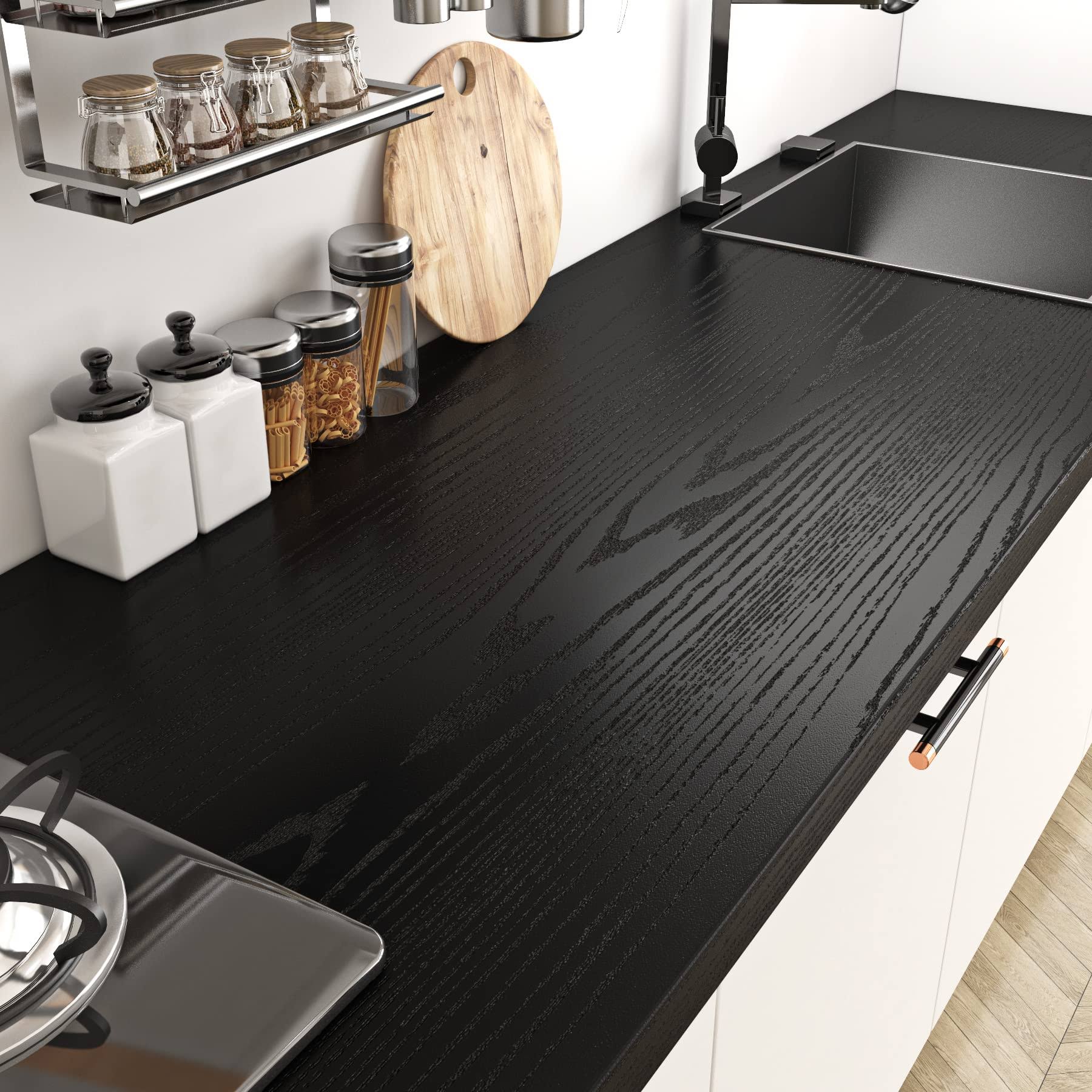 Livelynine Black Wood Contact Paper Kitchen Cabinet Vinyl Wrap Waterproof Contact Paper Wood Black Wall Paper Roll Adhesive Kitchen Countertop