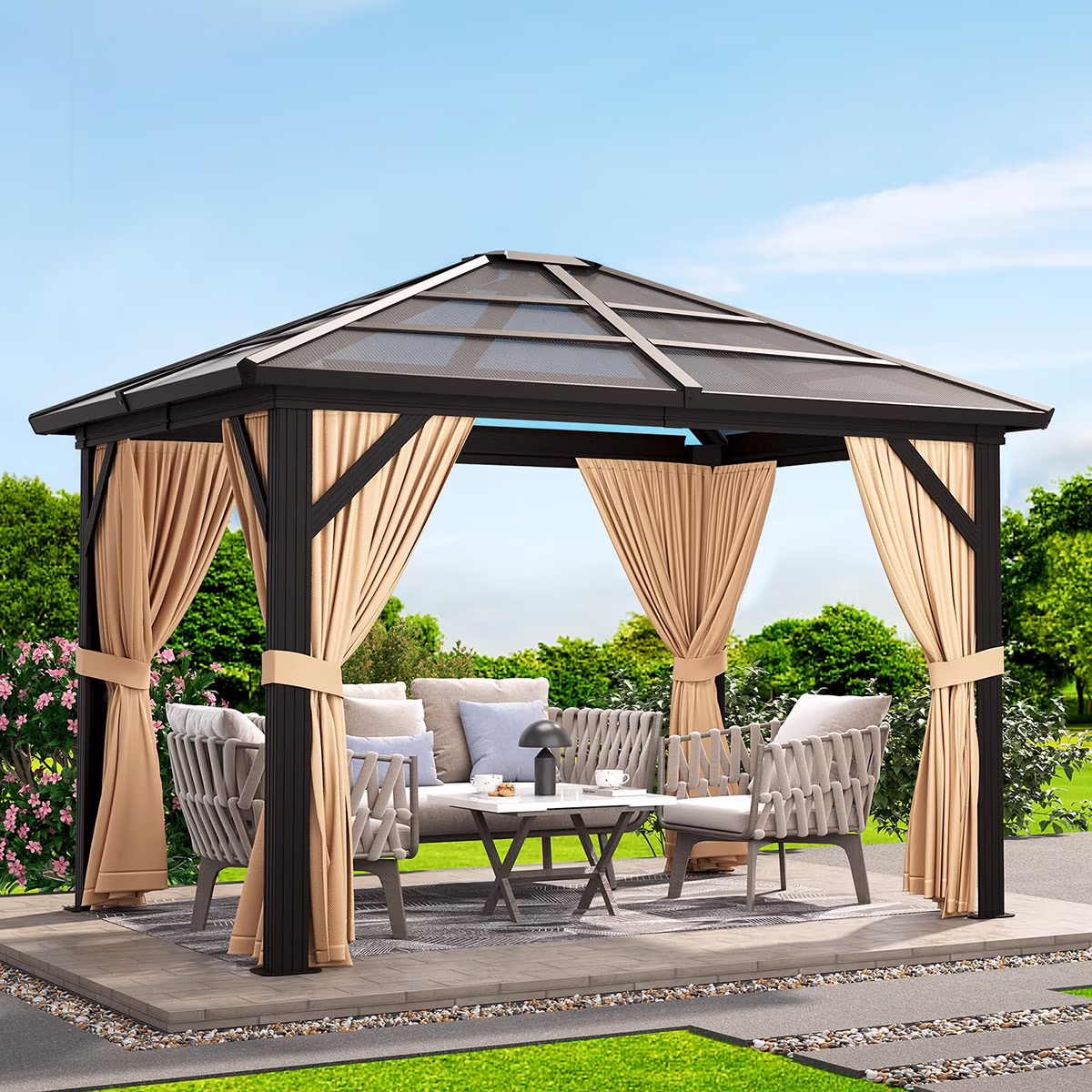 Ataucjin 10'X10' Gazebo, Hardtop Outdoor Canopy Aluminum Frame Permanent Gazebo with Netting and Curtains, Polycarbonate Garden Tent for Patio, Lawn, Backyard, Deck(Ship in 2 Boxes)