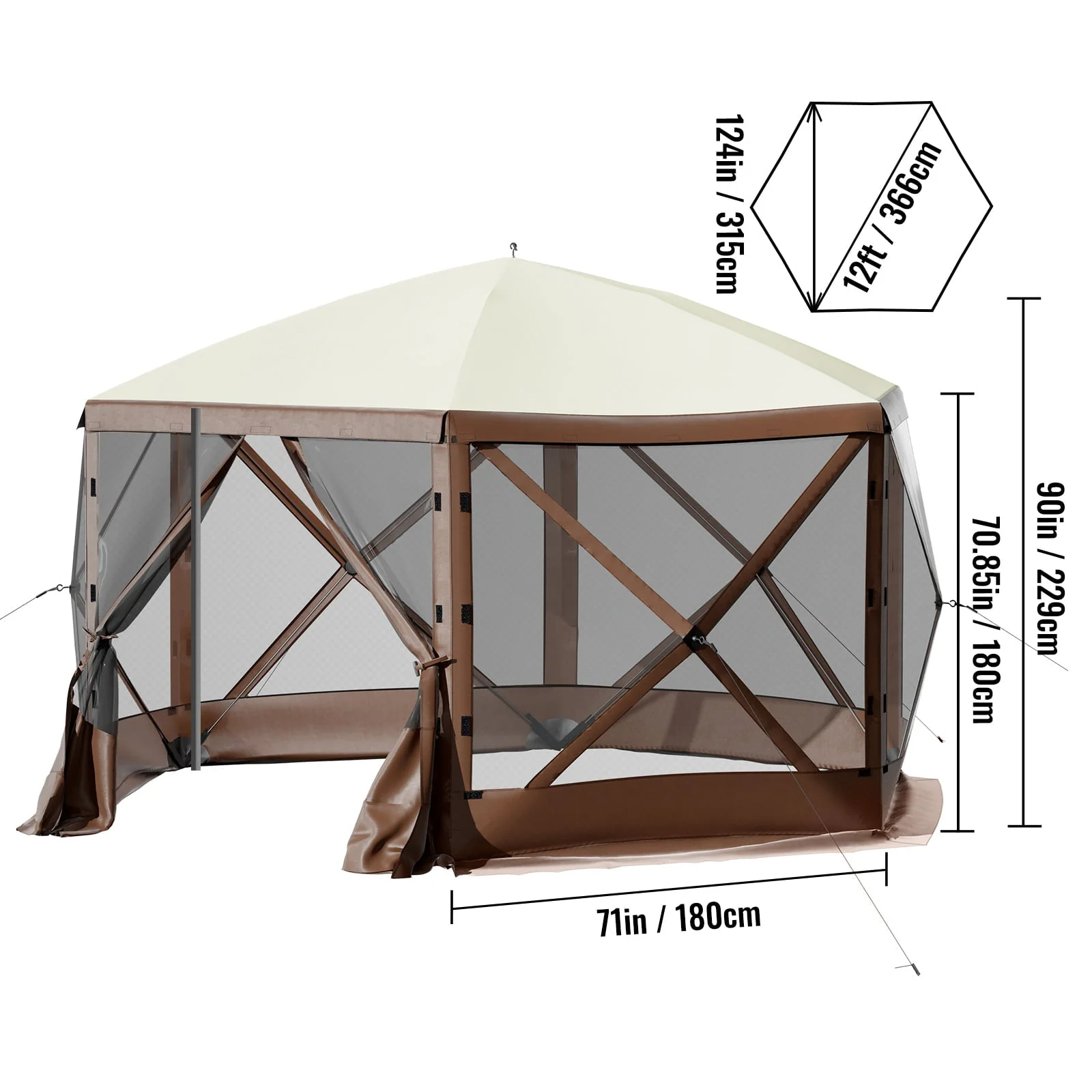 Camping Gazebo Tent, 12'x12', 6 Sided Pop-up Canopy Screen Tent for 8 Person Camping, Waterproof Screen Shelter w/Portable Storage Bag, Ground Stakes, Mesh Windows, Brown Beige - Image 8