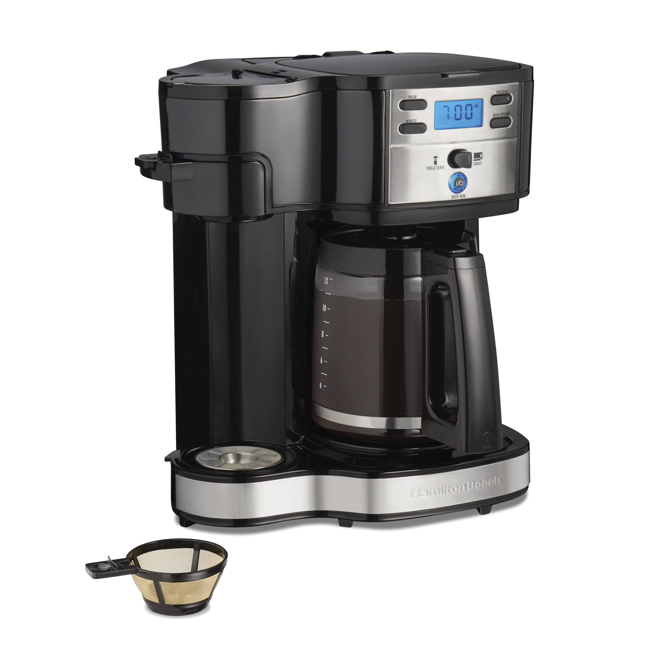 Hamilton Beach 47650 2-Way Programmable Coffee Maker Single-Serve and 12-Cup Pot Stainless Steel Glass Carafe