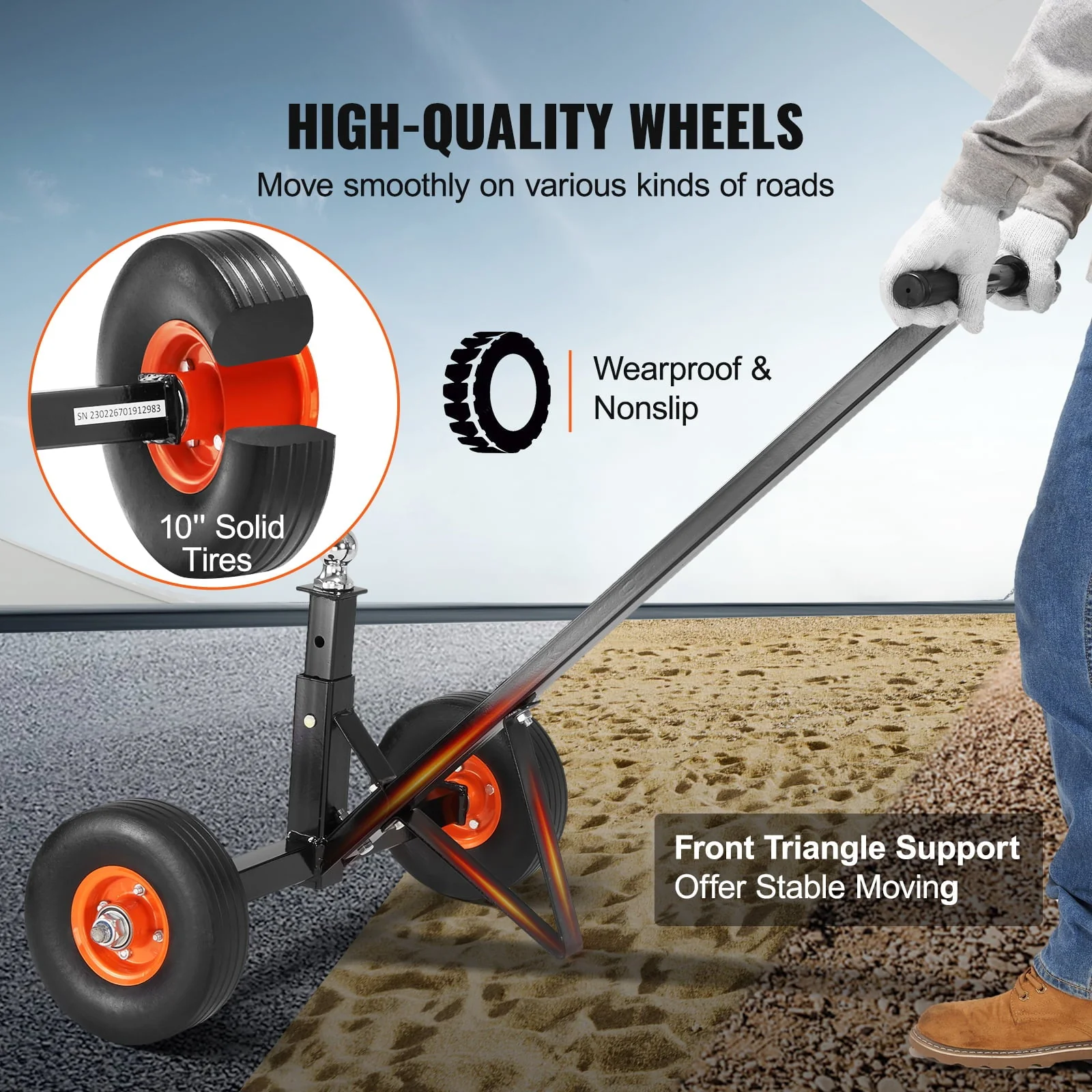 BENTISM Adjustable Trailer Dolly, 600 lb Tongue Weight Capacity, Carbon Steel Trailer Mover with 16'' - 24'' Adjustable Height, 1 - 7/8'' Hitch Ball & 10'' Solid Tires
