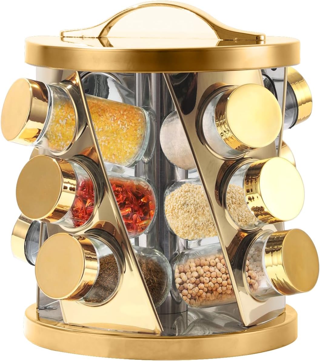 Portable Stainless Steel Spice Rack with 12 Spice Jars Included Revolving Spice Organizer for Kitchen Tower Storage Rack for Spices and Seasonings Gold