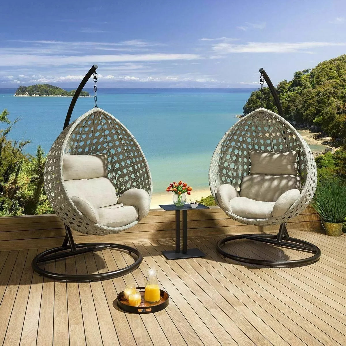Chaises suspendues d'extérieur extra larges de luxe avec table en corde grise