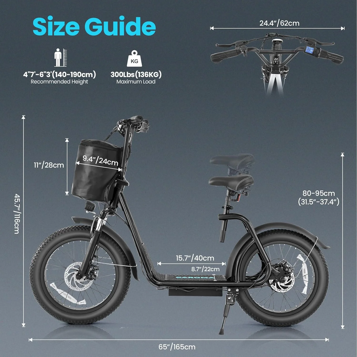 Trottinette électrique pliable Caroma Peak 800W pour adultes, avec pneus de 20 pouces de large, batterie 48V, panier et siège réglable.