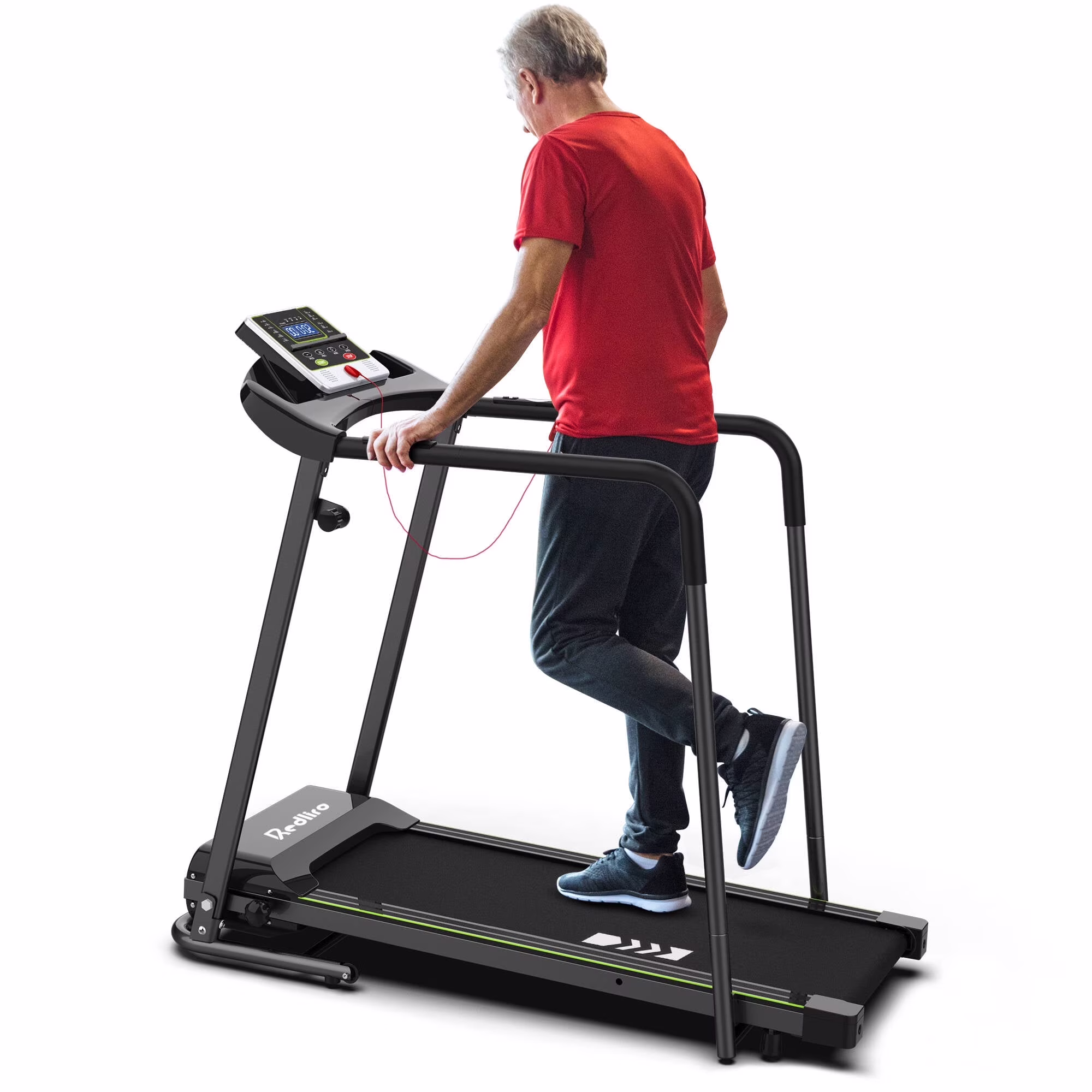 Redliro Treadmill for Seniors with Long Handrails - Recovery Treadmill for Walking 300 lb Weight Capacity - Walking Treadmill Elderly with Desk & Cup Holder (Glossy Black)