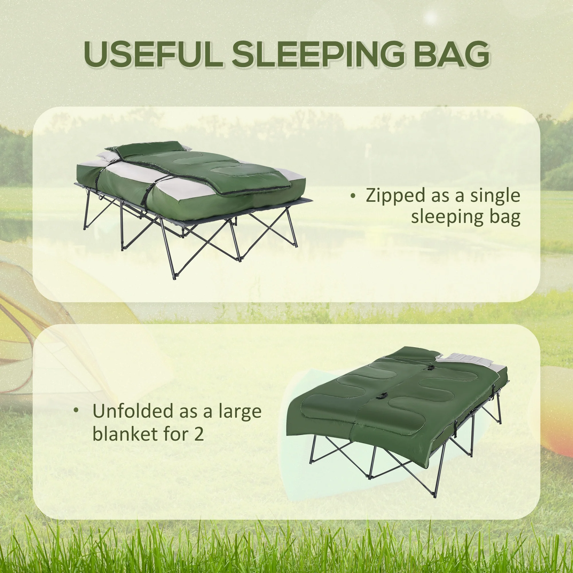 2-Person Folding Camping Cot Portable Outdoor Bed Set with Sleeping Bag, Inflatable Air Mattress, Comfort Pillows and Carry Bag, Soft and Comfortable for Outdoor Travel Camp Beach Vacation - Image 4