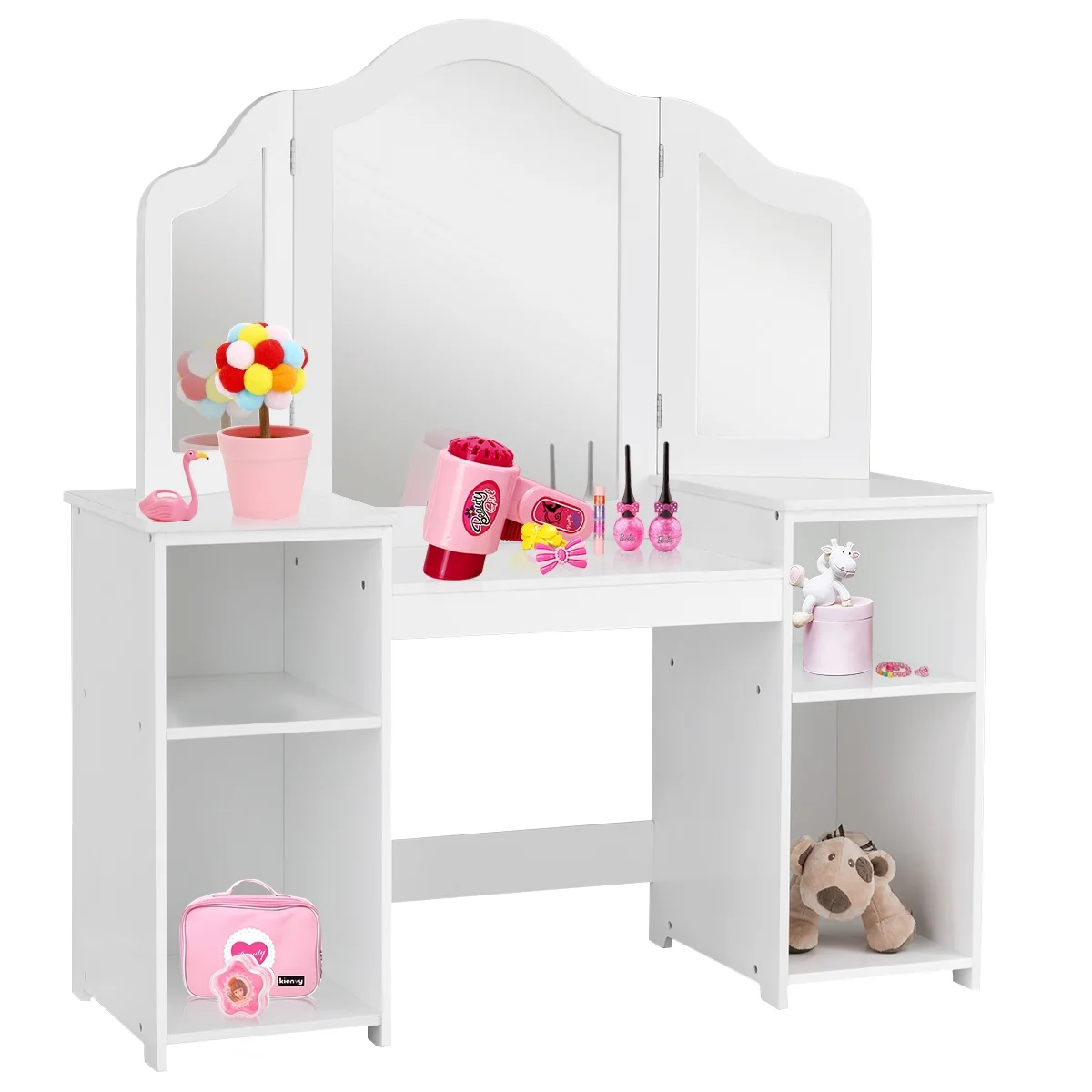 Vanity Table Set Makeup Dressing Kids Girls Study Table Tri Folding Mirror White(White) Image 9