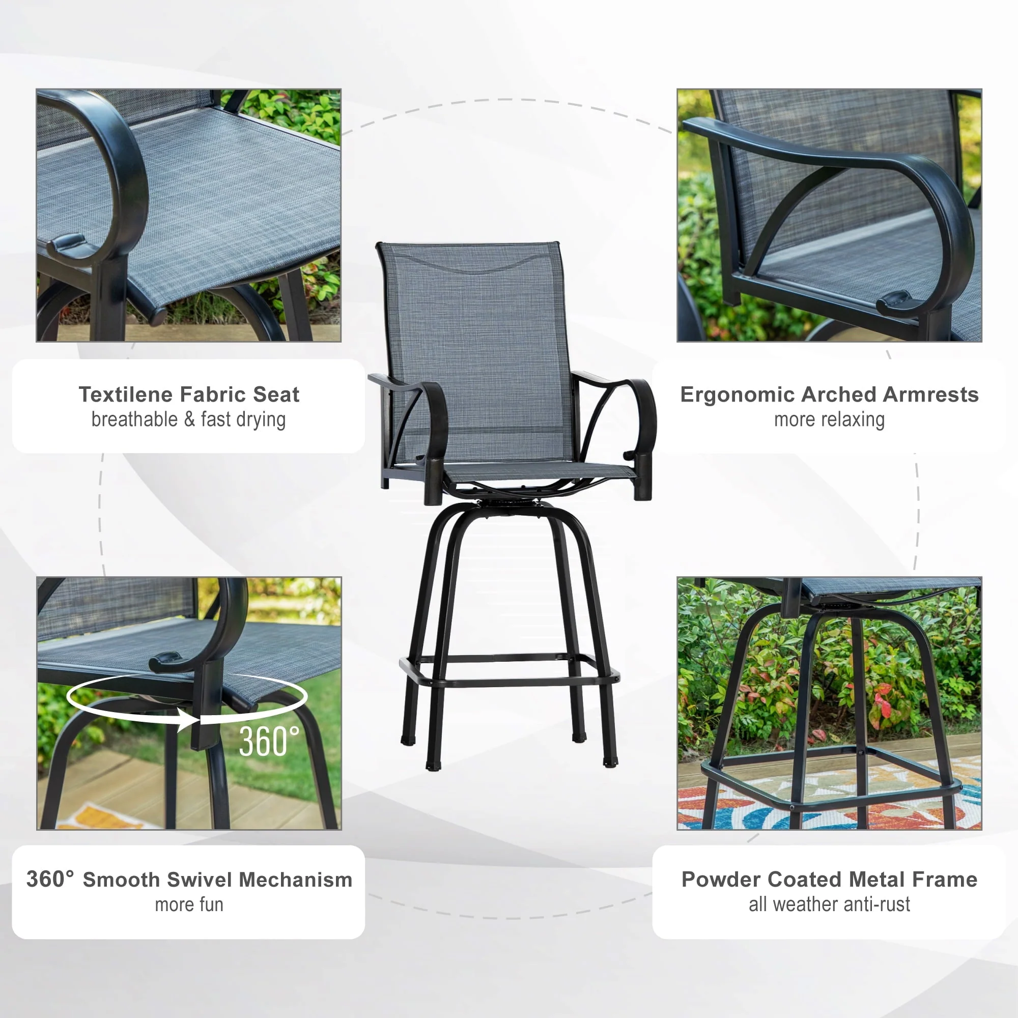 5-Piece Outdoor Patio Swivel Bar Stool Dining Set with 4 High-back Textilene Chairs with Armrest1 Bistro Bar Table,BlackGrey - Image 6
