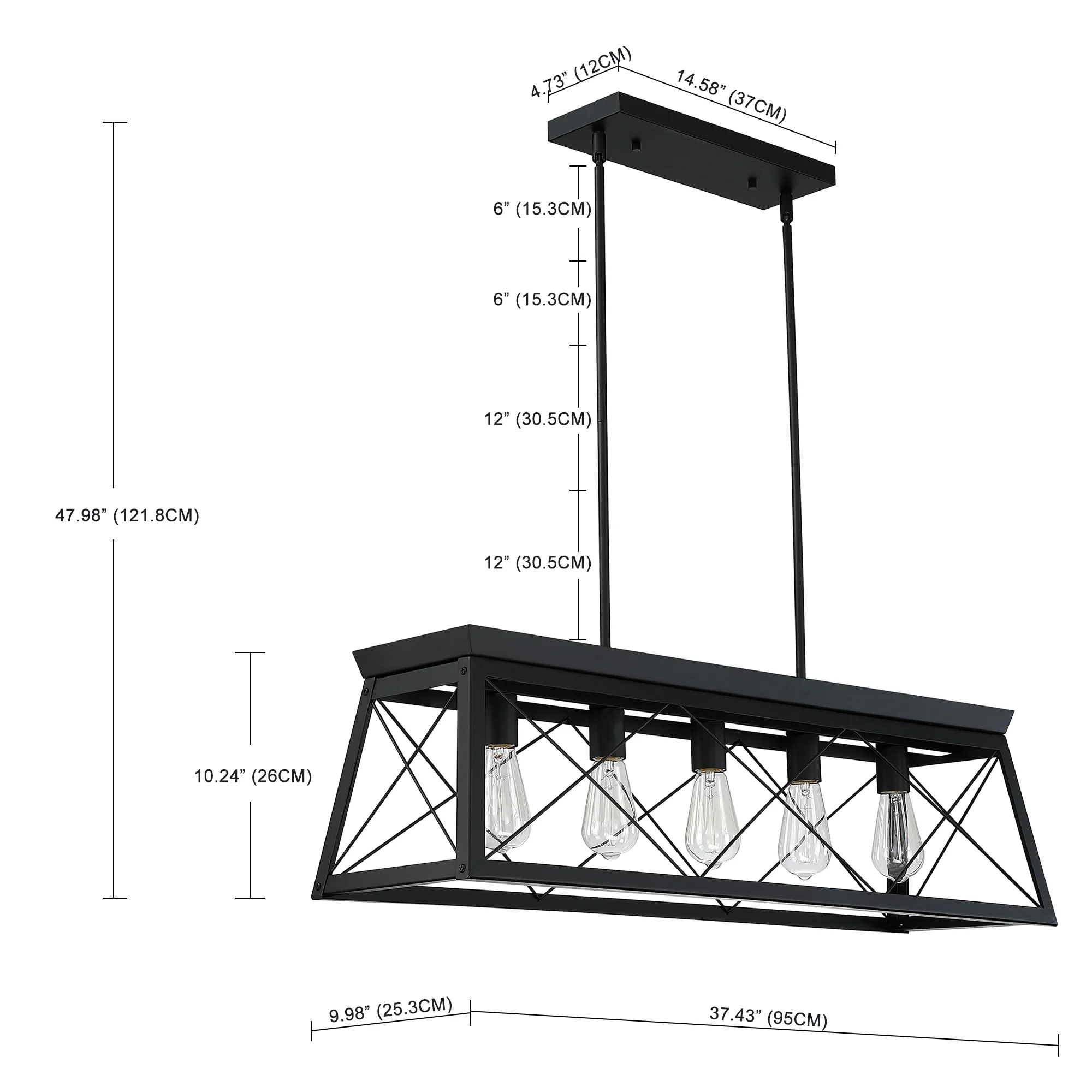 5-Light Farmhouse Matte Black Chandelier Industrial Pendant Lighting for Kitchen Island for Dining Room, Living Room
