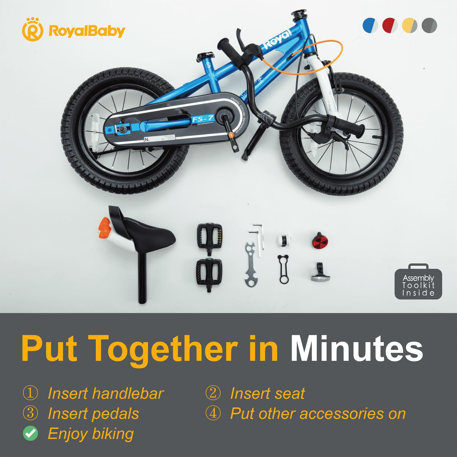 Royalbaby Freestyle 7 Kids Bike Toddlers 14 in Wheel Dual Handbrakes Bicycle Beginners Boys Girls Ages 3 - 5 Years. Kickstand and Water Bottle Included. Blue
