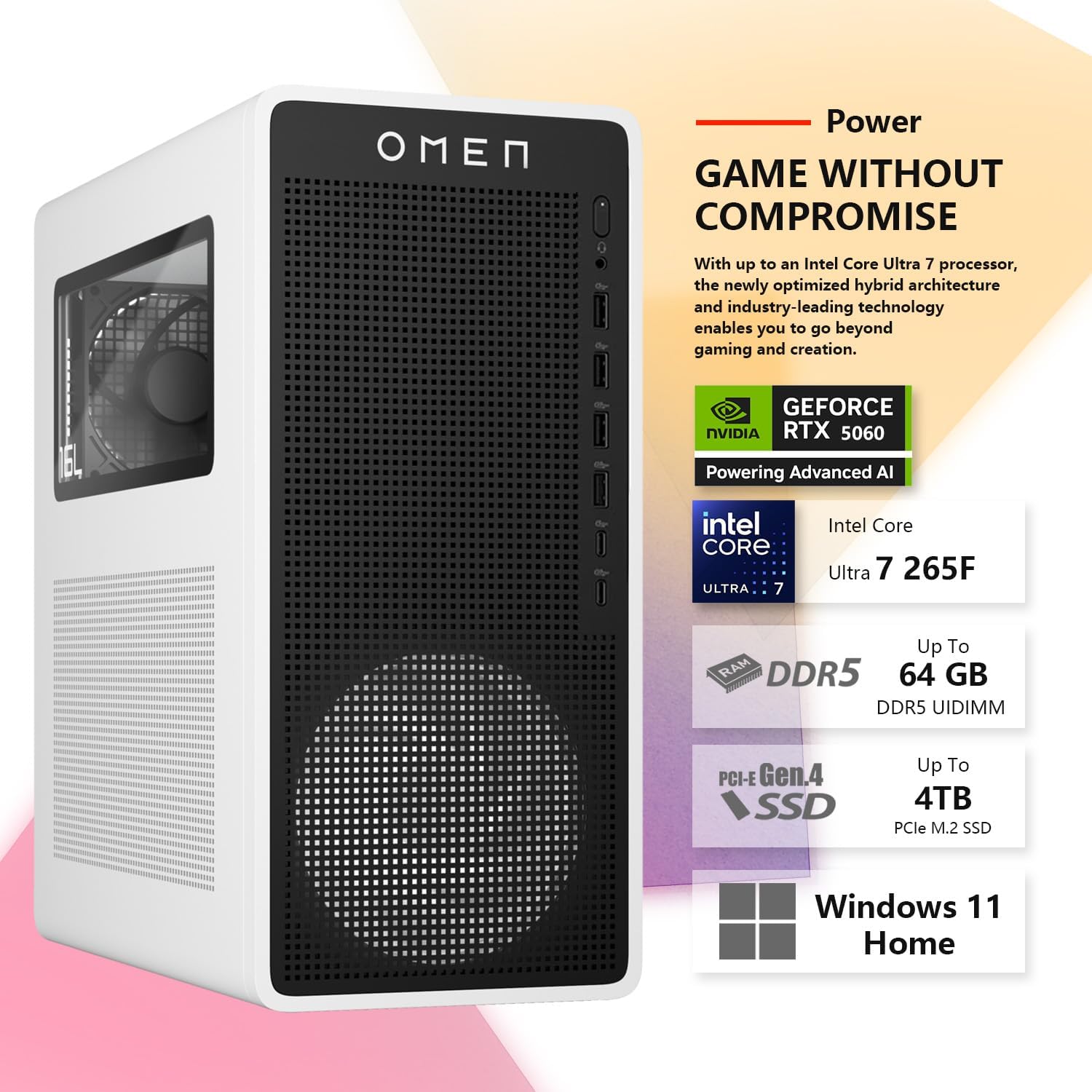 HP Omen 16L TG03 Gaming Desktop PC  Intel Ultra 7 265F  RTX 5060 GPU  32GB DDR5 RAM  1TB NVMe SSD  OMEN Hub  Thunderobot Gaming Keyboard Bundle  Black