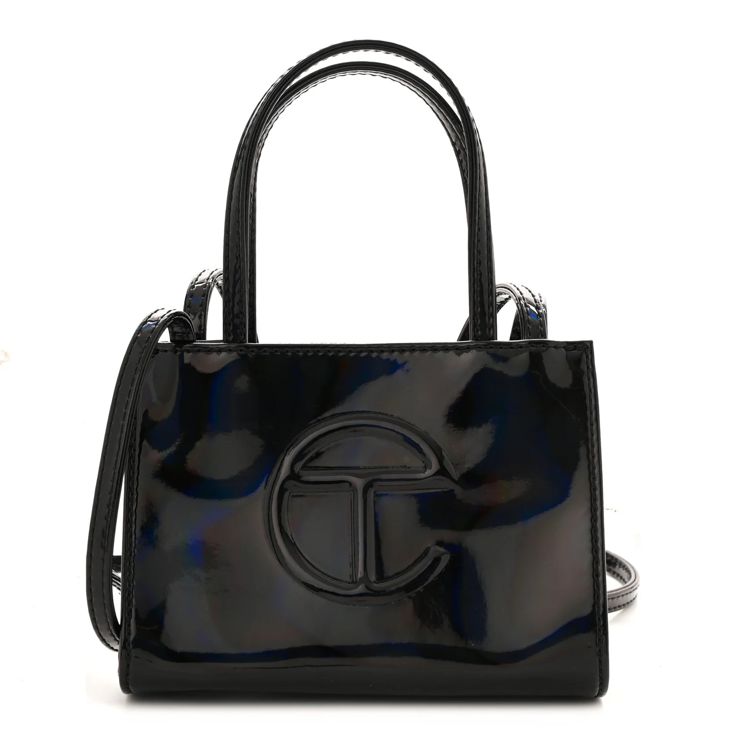 Patent Vegan Leather Small Shopping Bag Black Rainbow