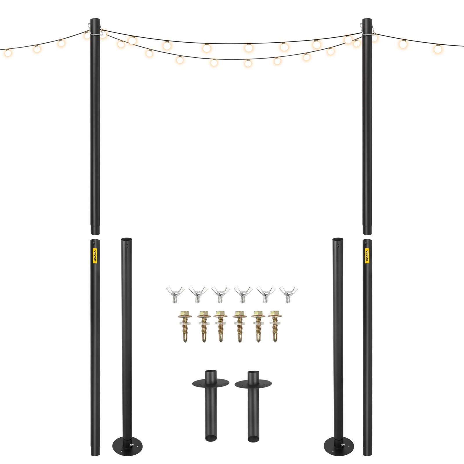 VEVOR String Light Poles, 2 Pack 10.6 ft, Outdoor Powder Coated Steel Lamp Post with Hooks to Hang Lantern and Flags, Universa