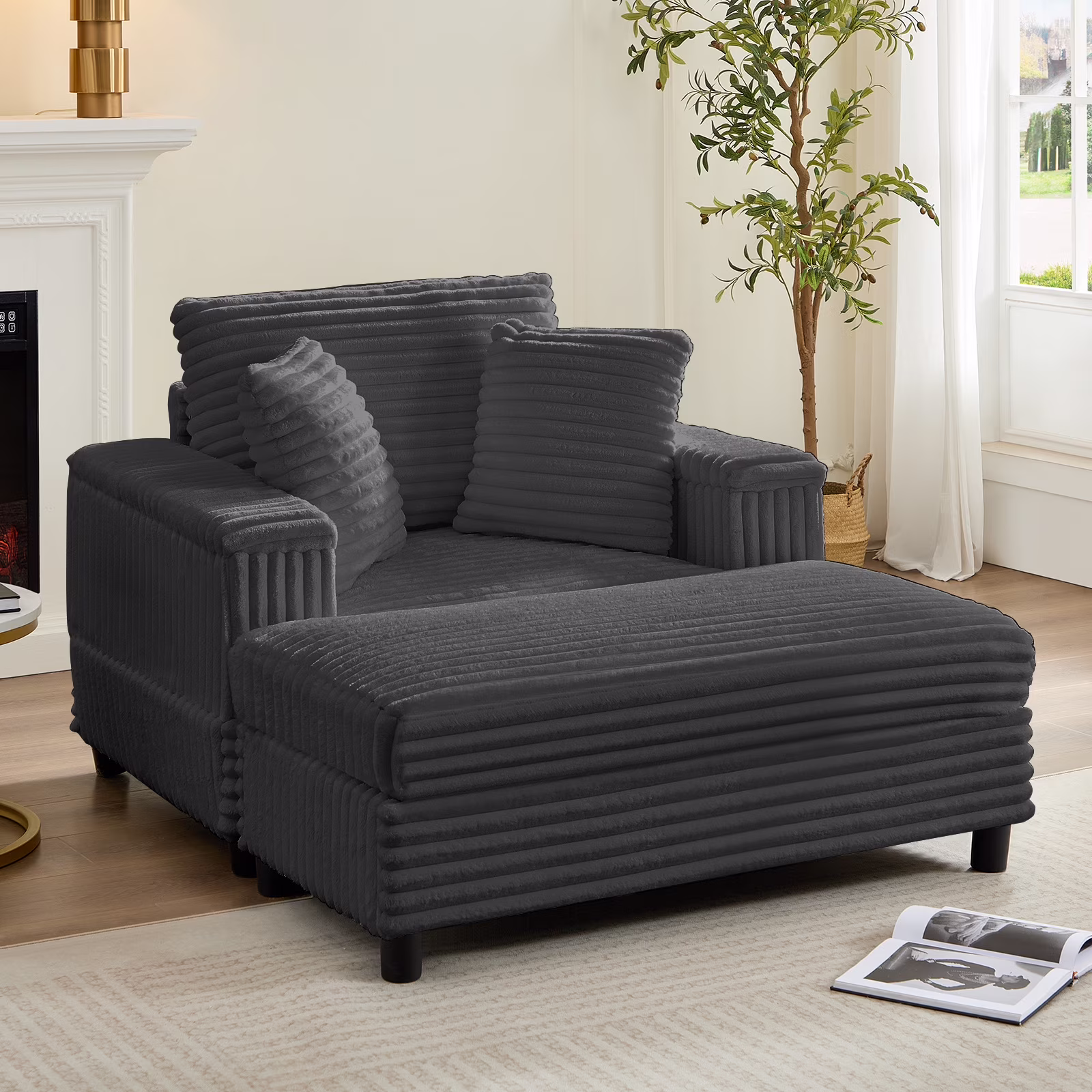 44" Modern Corduroy Accent Armchair with Storage Ottoman for Living Room, Black(Black) - Image 9